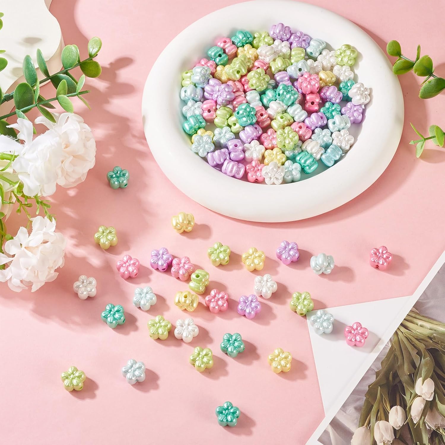 KISSITTY 150Pcs Opaque Acrylic Imitation Pearl Light Flower Beads Bulk Colorful Plum Blossom Bead Plumeria Loose Bead Floral Spacer Beads for Bracelets Necklaces DIY Jewelry Making Craft Supplies - Image 7