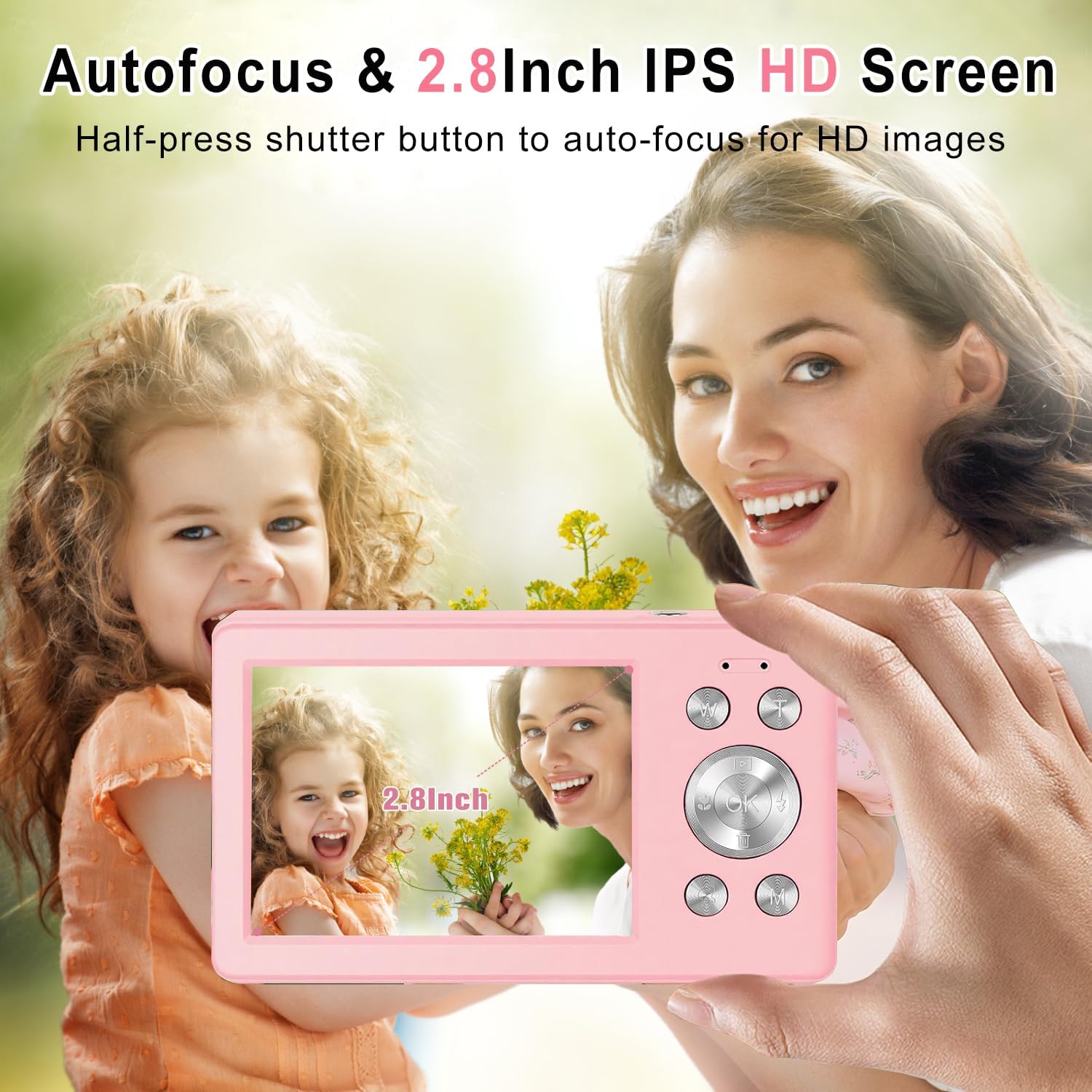 Digital Camera for Kids, Teens & Beginners - 56MP 1080P FHD, 16X Digital Zoom, 2.8" LCD, 32GB TF Card & 2 Batteries, Compact Point-and-Shoot, Portable Starter Camera - Pink