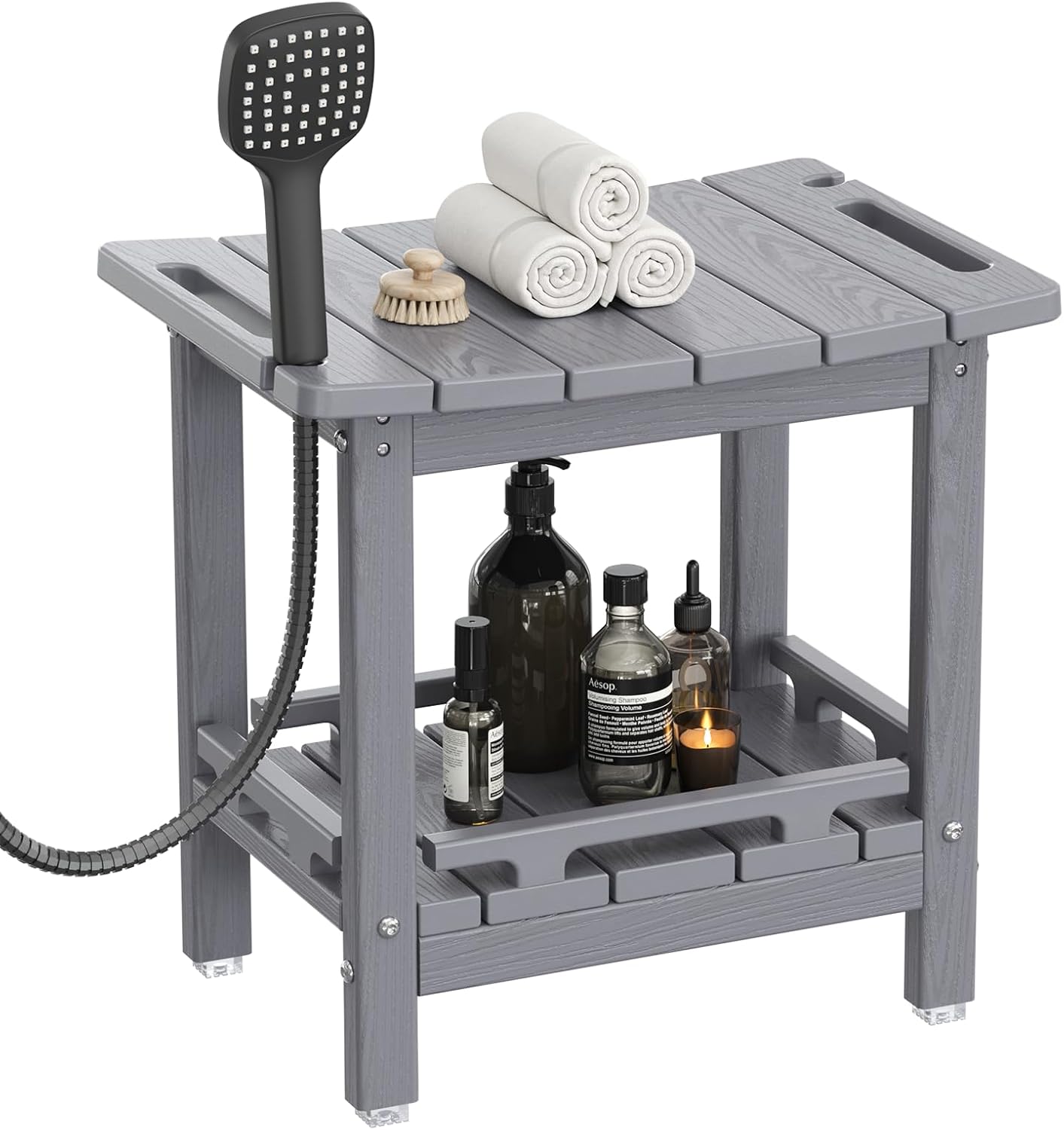 NALONE Shower Bench, HDPE Shower Benches with Storage Shelf & Handles, Indoor & Outdoor Use (Grey)