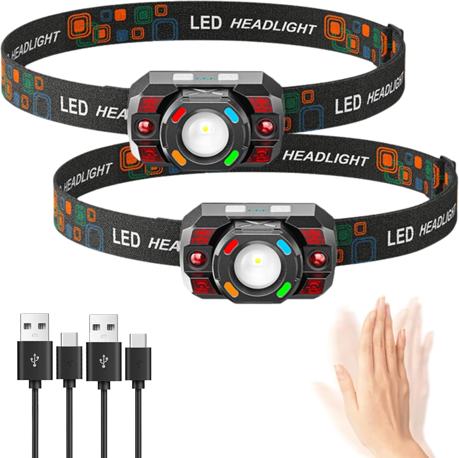 Headlamp Flashlight, 500 Lumen Ultra-Light Bright LED Rechargeable Headlight with White Red bule Light,2-Pack Waterproof Motion Sensor Head Lamp,10 Modes for Outdoor Camping Running Hiking Fishing