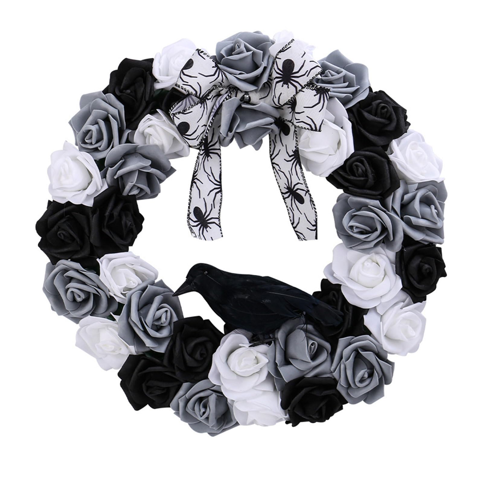 carotoe Halloween Wreath Front Door Wreath Flower Garlands with White and Black Rose Crow for Doorway Window Party Decoration Halloween