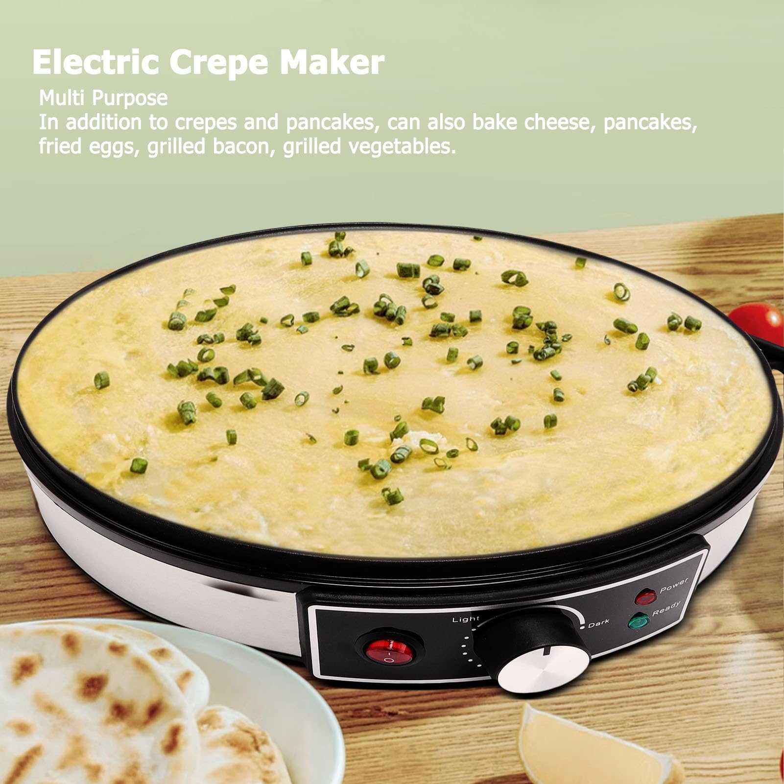 Crepera eléctrica, plancha eléctrica antiadherente y máquina para hacer crepas, sartén de aluminio de 11.8 pulgadas con indicadores LED, temperatura ajustable y espátula (Enchufe de EE. UU. 220V)