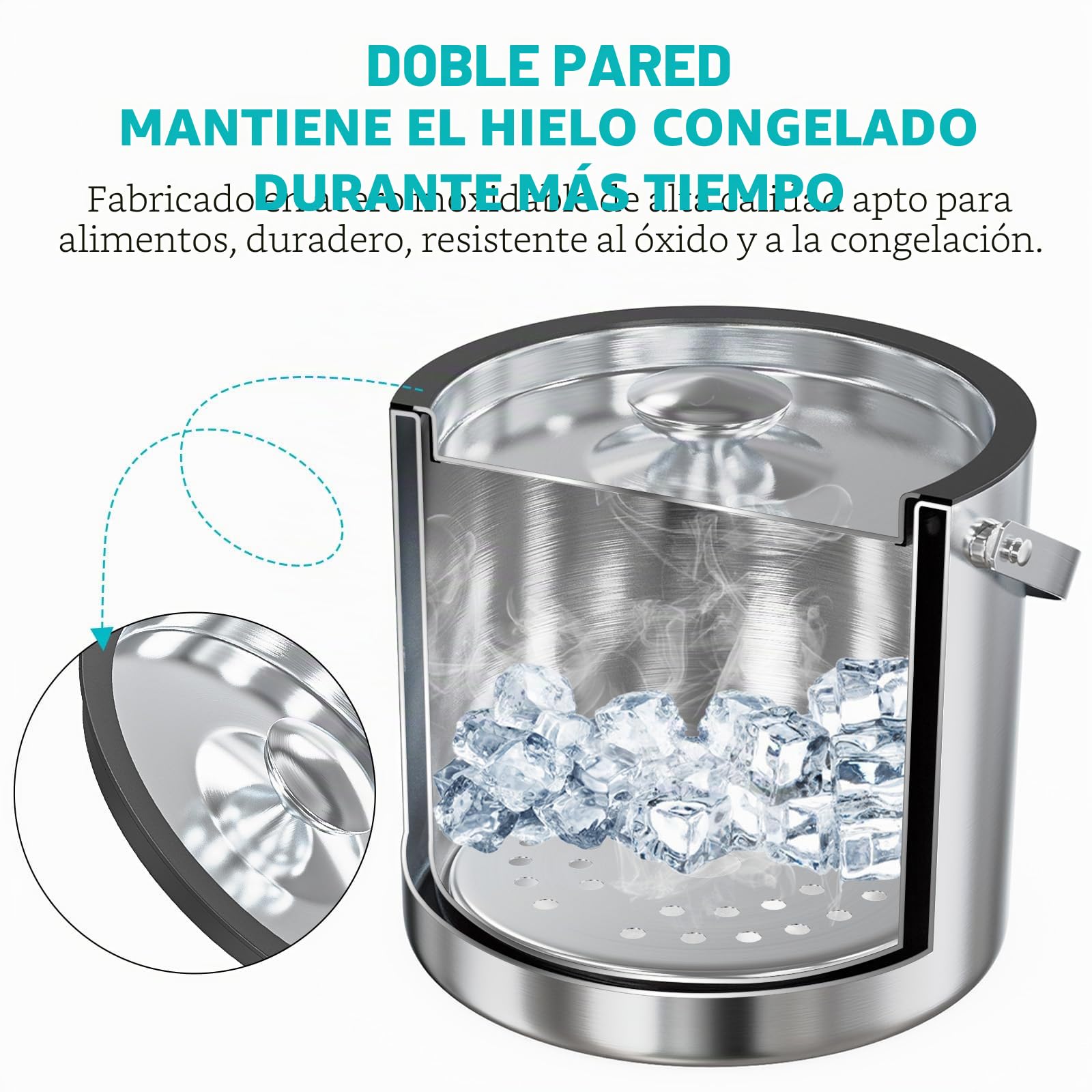 Cubitera con Tapa y Scoop, 3.2L Cubiteras Para Hielo Botellas Aislamiento de Doble Pared Acero Inoxidable, Champanera Cubitera Vino Cubo de Hielo Refrigerada Bebidas y Alimentos