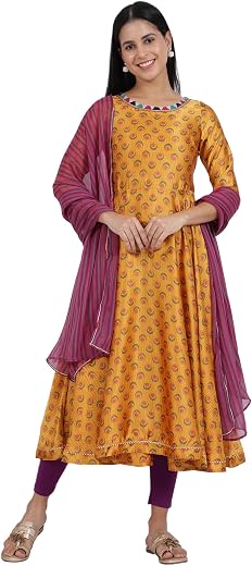 W for Woman Yellow Floral Printed Satin Festive Anarkali Kurta and Leggings Set with Dupatta