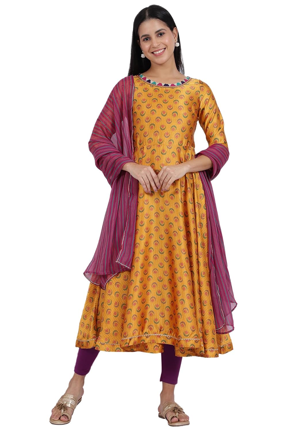 W for Woman Yellow Floral Printed Satin Festive Anarkali Kurta and Leggings Set with Dupatta - Review, Price and Buying Guide