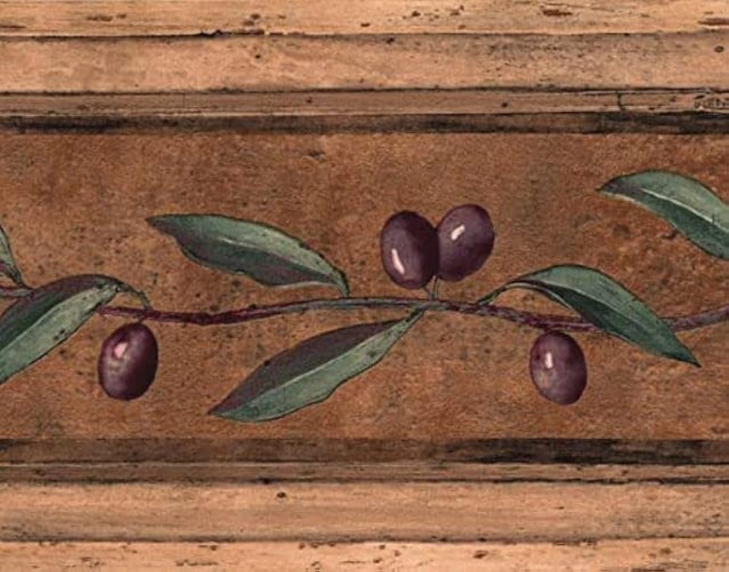 CONCORD WALLCOVERINGS ™ Rustic Olive Vine Wallpaper Border, 5.25" x 15' Farmhouse Kitchen Dining Decor, Prepasted Washable Vinyl, with Deep Purple Olives & Sage Green Leaves #RG3810B