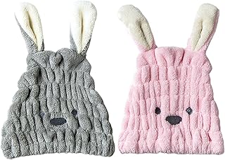 2 Pcs Gorro de Pelo Seco Toallas Secar el Pelo Gorro de Pelo Seco de Microfibra con Orejas de Conejo Gorro de Baño de Seca...