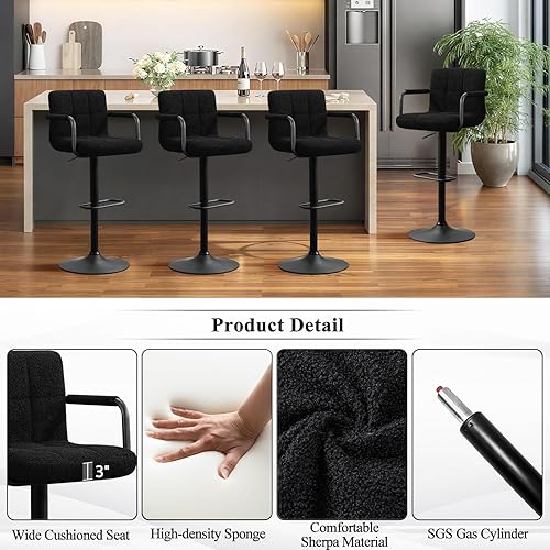 Miniatura 4 de Furniliving Taburetes de bar ajustables con reposabrazos, taburete hidráulico de tela Sherpa con respaldo cuadrado, taburete de bar de cocina