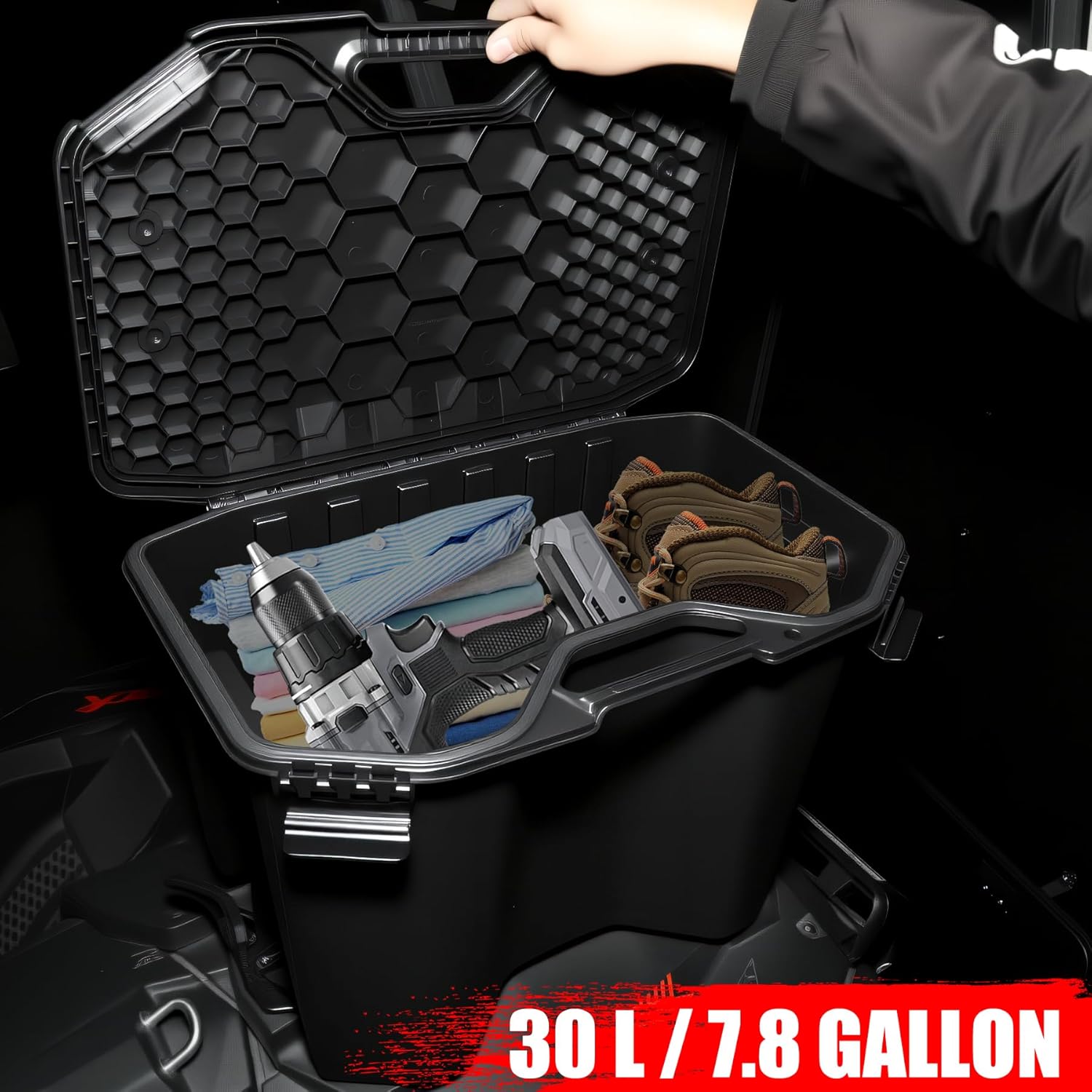 7.8Gal/30L Rear Cargo Box for Can Am Maverick X3 MAX, Waterproof Rear Bed Tool Storage Modular Box for Can Am Maverick Trail, Defender, Ski Doo Commander Accessories, Replacement #715006830