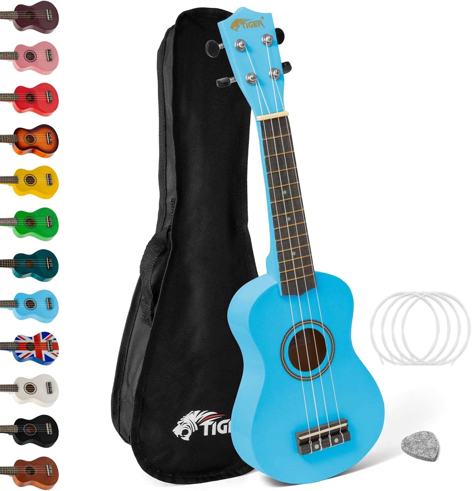 Tiger UKE7-BL Soprano Ukulele - Ideal for Beginners and Schools – Includes Gig Bag, Felt Pick, Spare Strings now with Aquila Strings - Blue