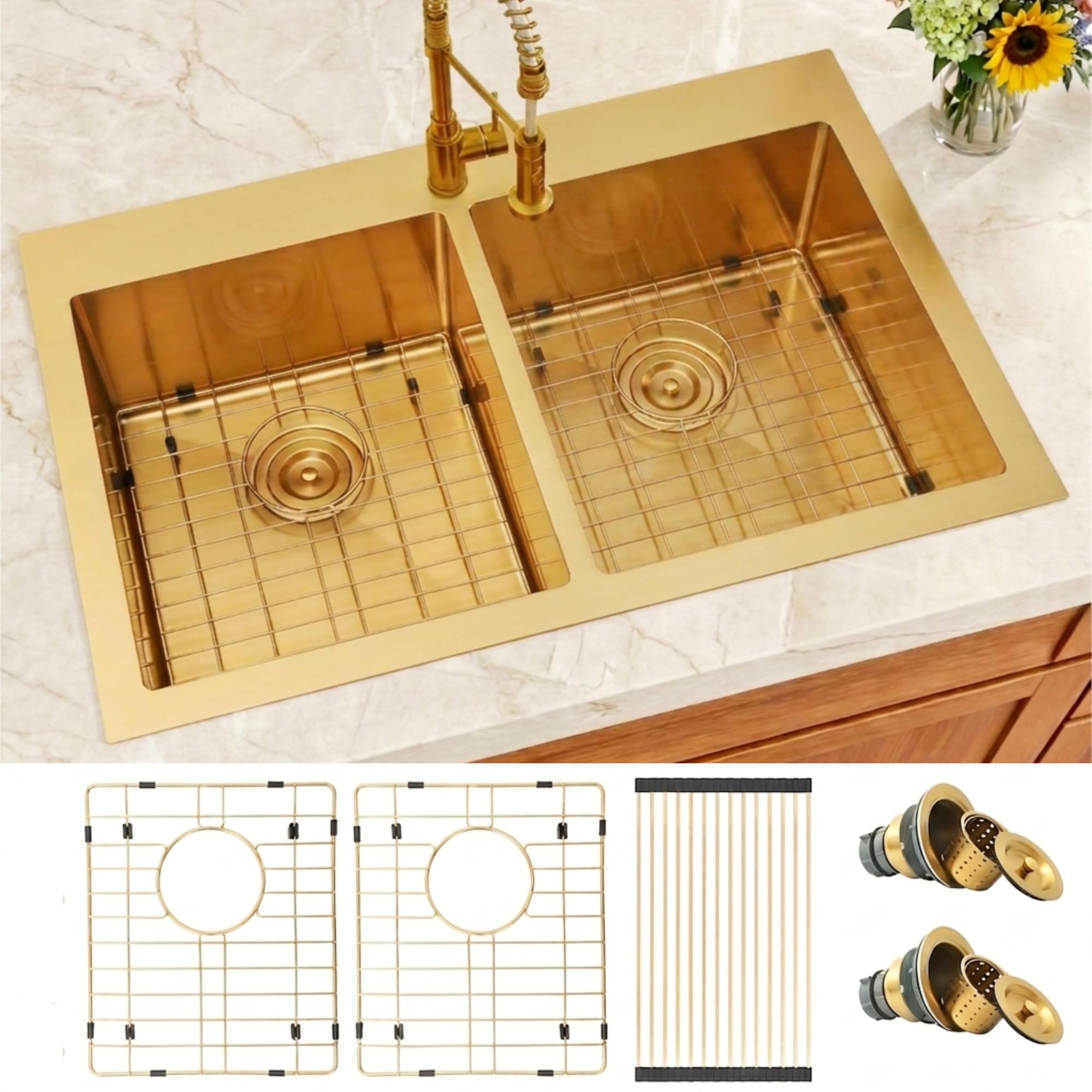 33mmRedBrass+追加Goldplated Zeesink Gold Kitchen Sink,33 X 22 inch Drop in Kitchen Sinks