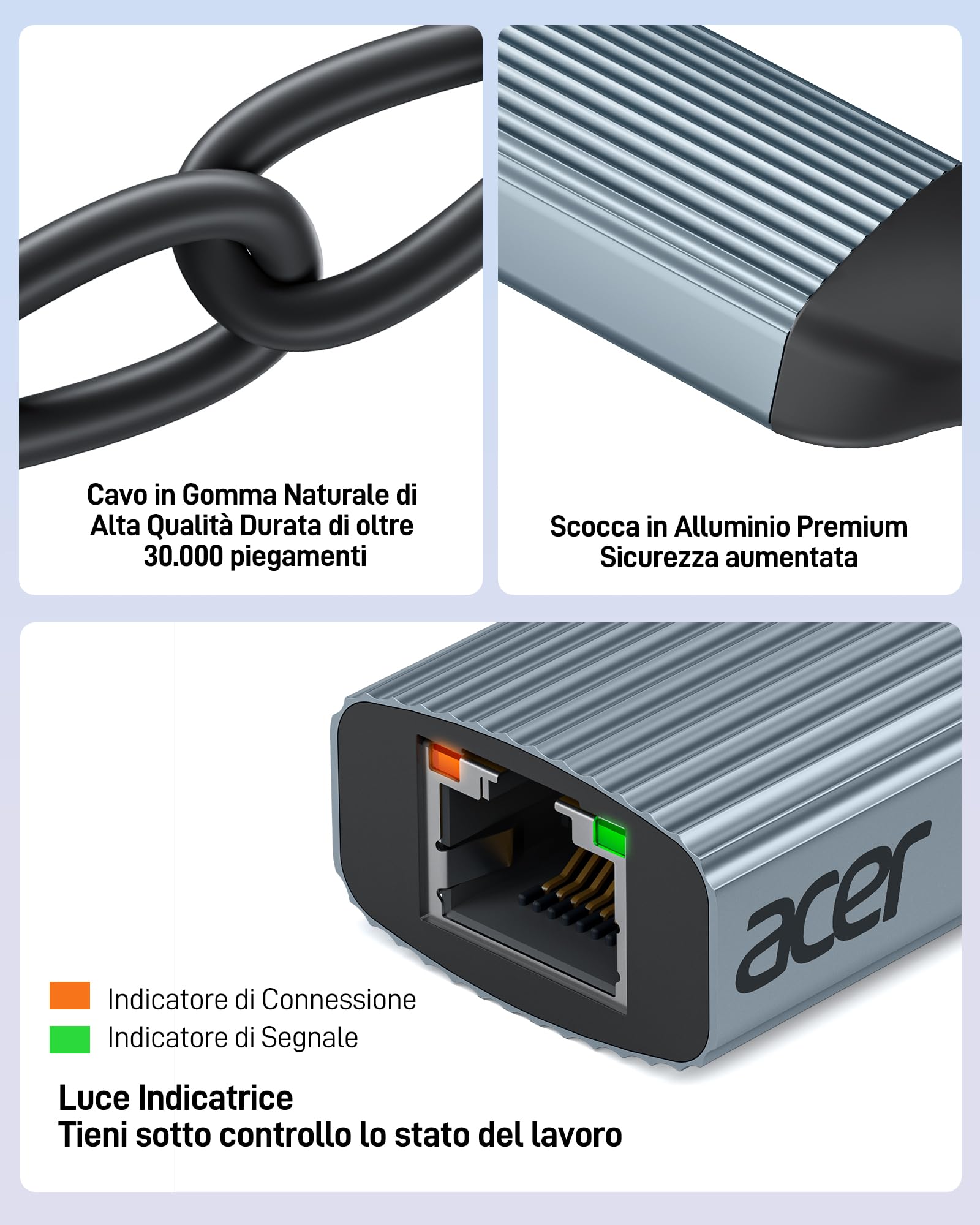 Acer Adattatore USB C a Ethernet 1000Mbps RJ45 LAN Thunderbolt 4 Compatibile iPhone 15/16 iPad Pro Air Galaxy Steam Deck