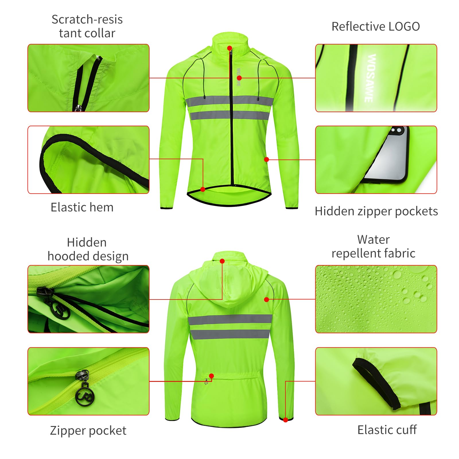WOSAWE Veste de Cyclisme avec Capuche Cachée, Hauts de Vélo de Montagne Haute Visibilité Coupe-vent pour Randonnée, Course, Camping, Équitation