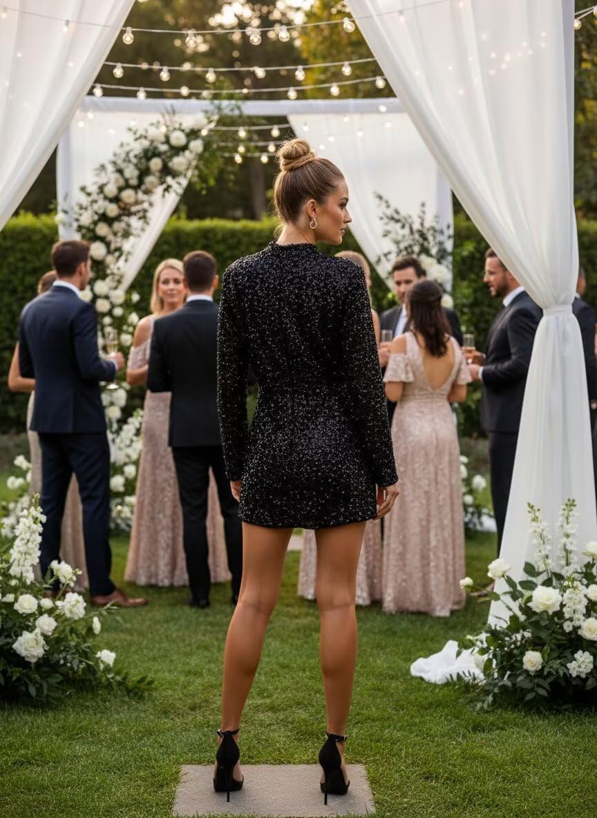 Sequin Blazer Dress for Women Sexy Elegant V Neck Bridesmaid Blazer Dress Long Sleeves Sparkly Dresses for Prom