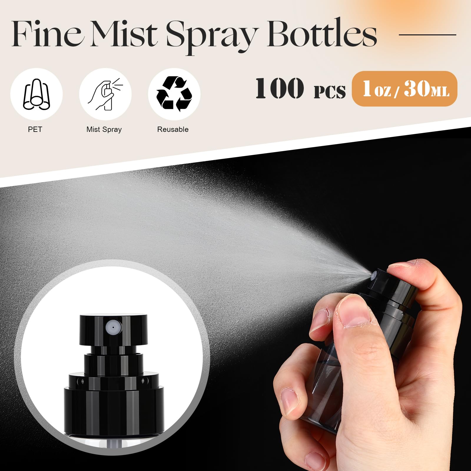 Confezione da 100 mini flaconi spray da viaggio a prova di perdite, ricaricabili, in plastica, vuoti, per capelli, profumi, oli essenziali, toner, capelli e viso (nero)