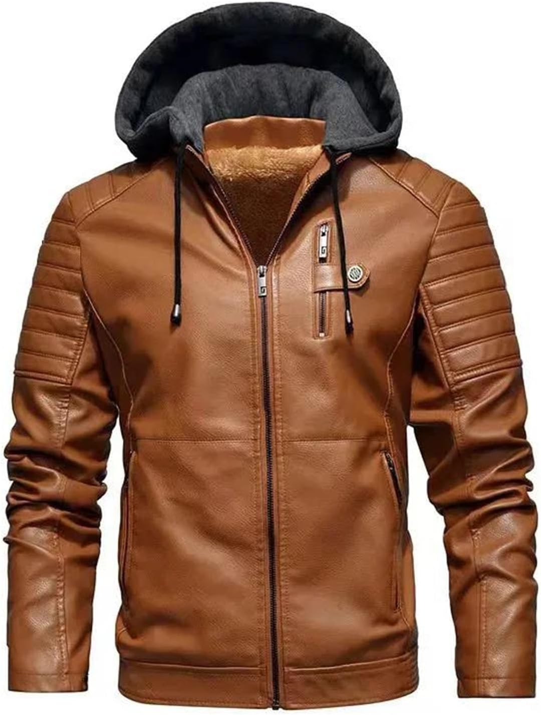 Men’S Faux Leather Jacket Thickened Fleece-Lined Hooded Winter Coat Warm Durable Outerwear For Casual Wear