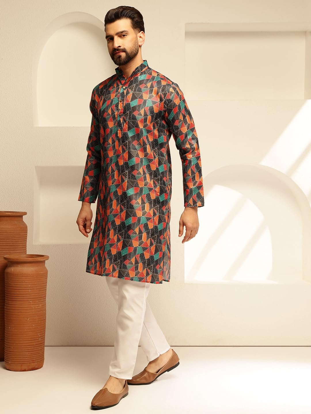 Sojanya (Since 1958 Men's Cotton Linen Abstract Print Multicolor Kurta With White Pyjama