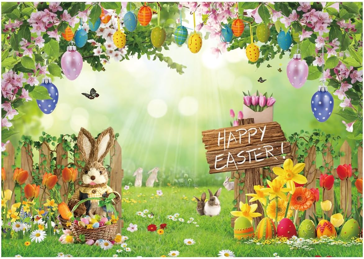10X10FT Spring Easter Backdrop Sunshine Garden Fence Rabbit Egg Decoration Photography Backdrops Flower Backdrop Children Adult Portrait Photo Props DH-1106
