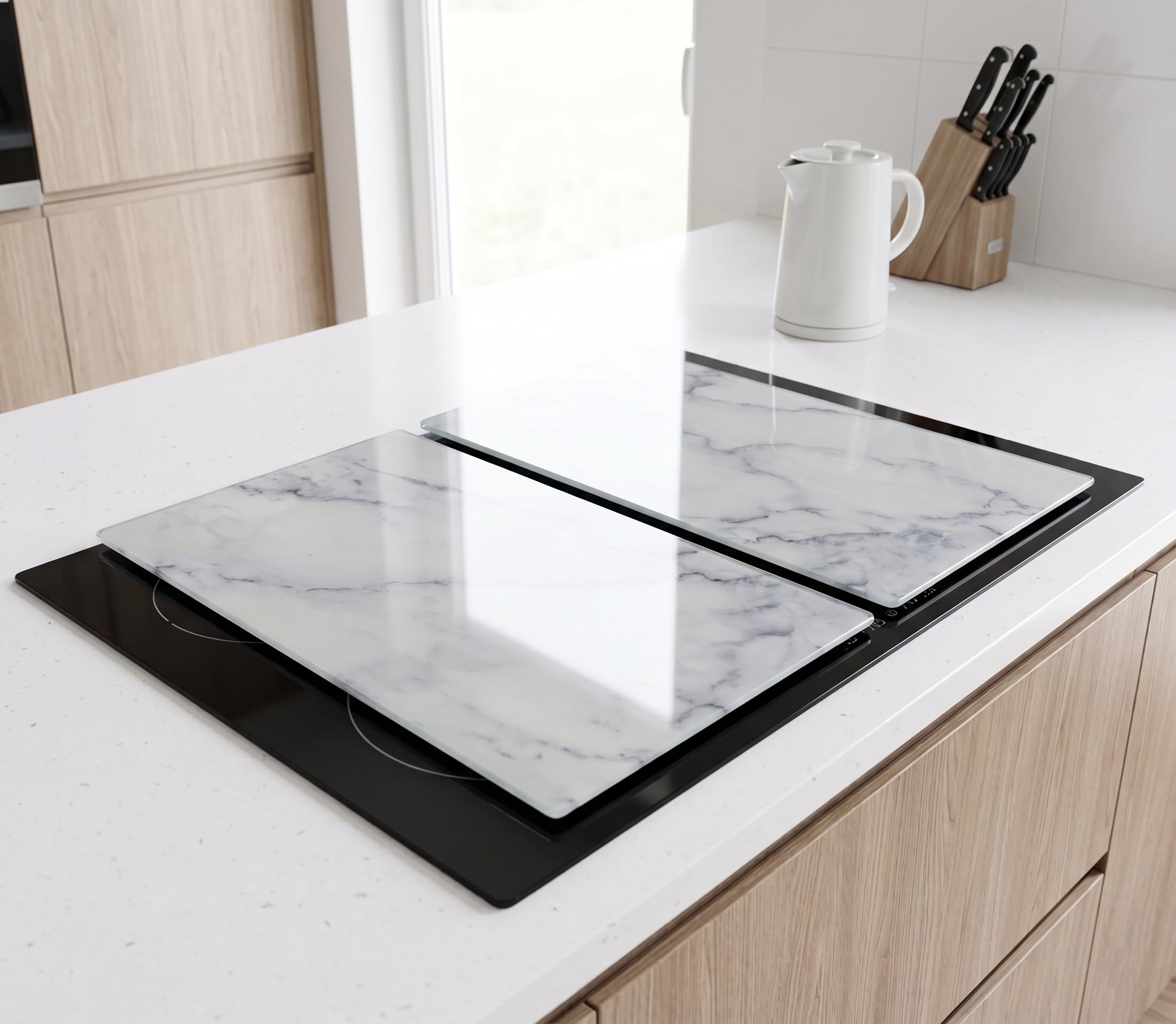 DEENZ Set of 2 Rectangle Grey Marble Hob Cover with 8 X Feet Dishwasher Safe Tempered Glass All Types of Cookers Kitchen Decor Worktop Saver Board 52x30Cm (2X Hob Cover)