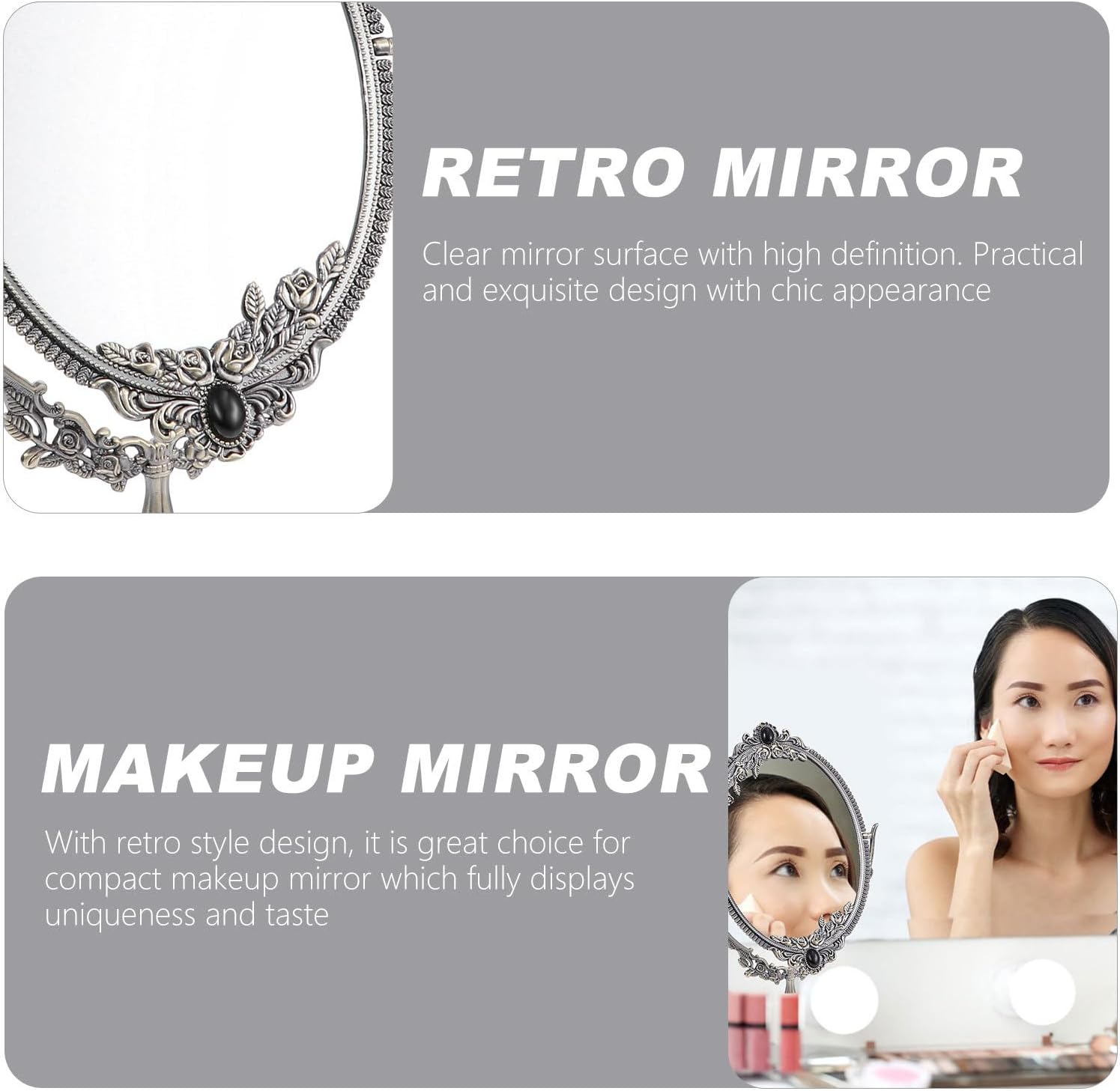 FRCOLOR Oval Dressing Swivel Desk Stand Double with Supplybronze Rose Double-Sided Mirror Cosmetic Frame L Metal Decorative Table Bathroom Women Tabletop Desktop Antique Bedroom Makeup