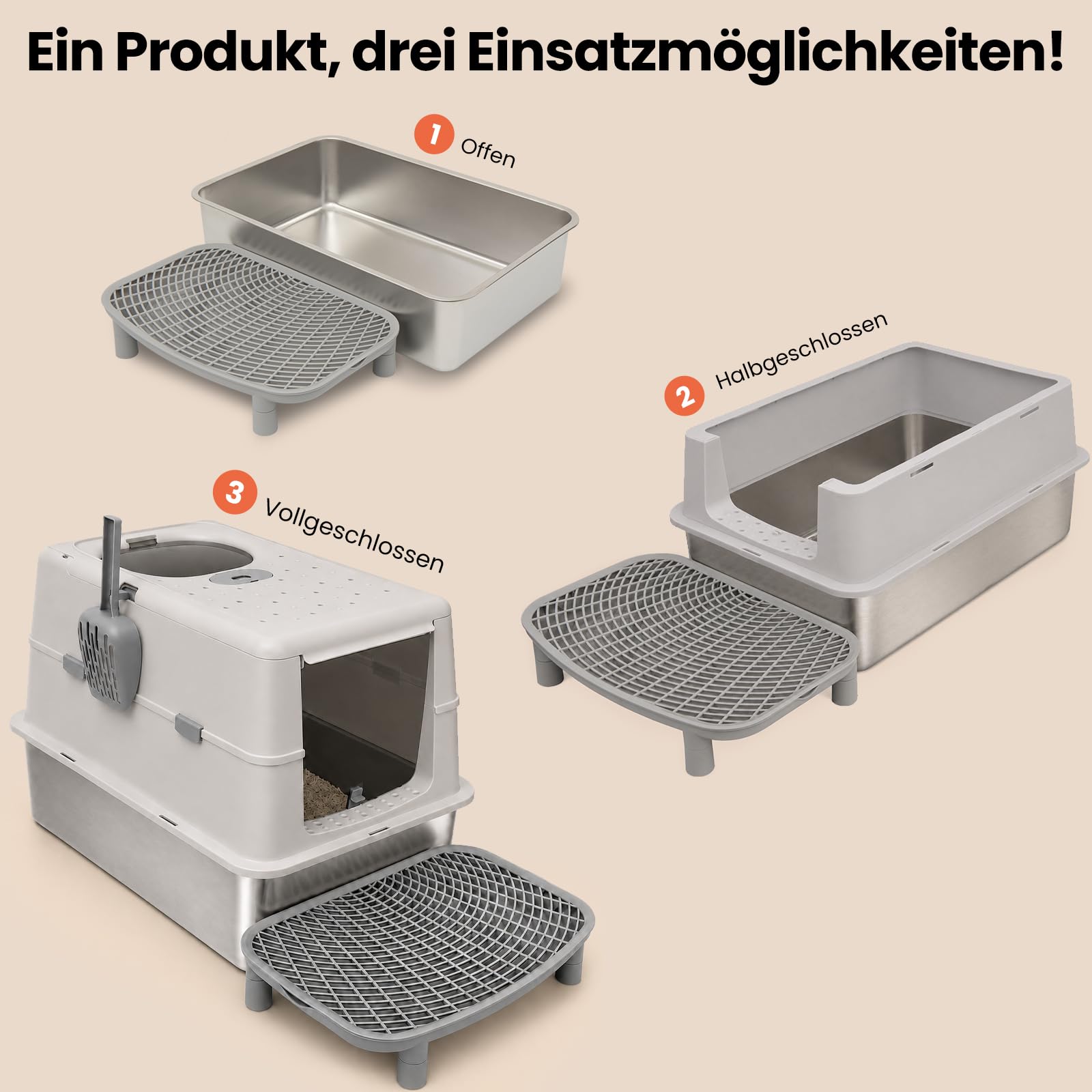 XXL Edelstahl Katzentoilette mit Deckel - 60x43x40cm Großes Katzenklo geschlossen, 120° Klappdeckel, Auslaufsicher für Stehpinkler & Große Katzen, inkl. Streu-Treppe & Schaufel, Grau