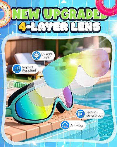 Miniatura 3 de Rantizon Gafas de natación para niños, paquete de 2, antiempañamiento y rayos UV para niños y niñas, sin fugas, gafas de natación de visión amplia