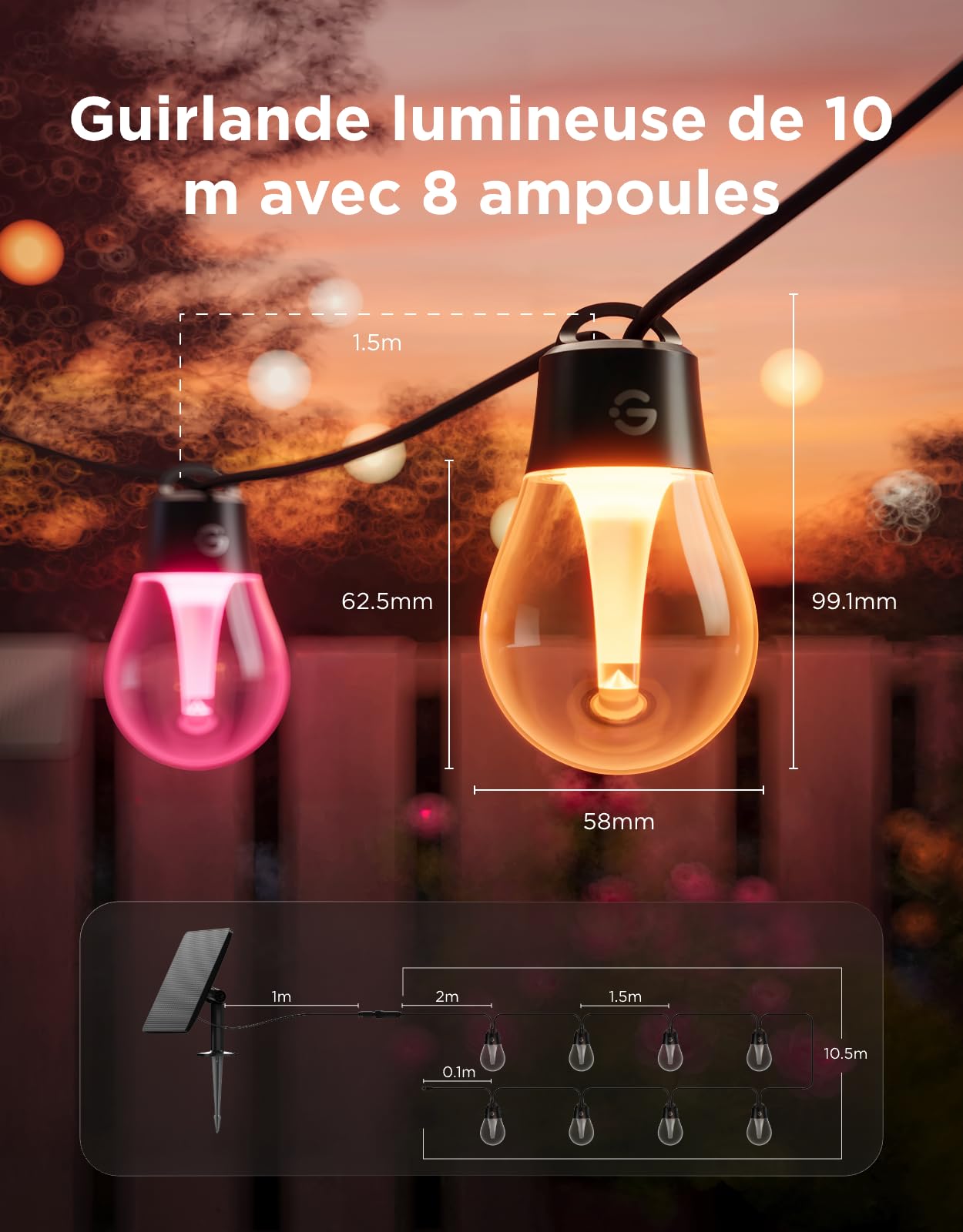 Govee Guirlande Lumineuse Extérieure Solaire 10m, RGBICW 16M Couleurs, 50lm | 112 Modes Scène et Contrôle App, Uniquement Bluetooth, 8 LED Réglables Incassables, IP67 pour Jardin, Terrasse, Balcon