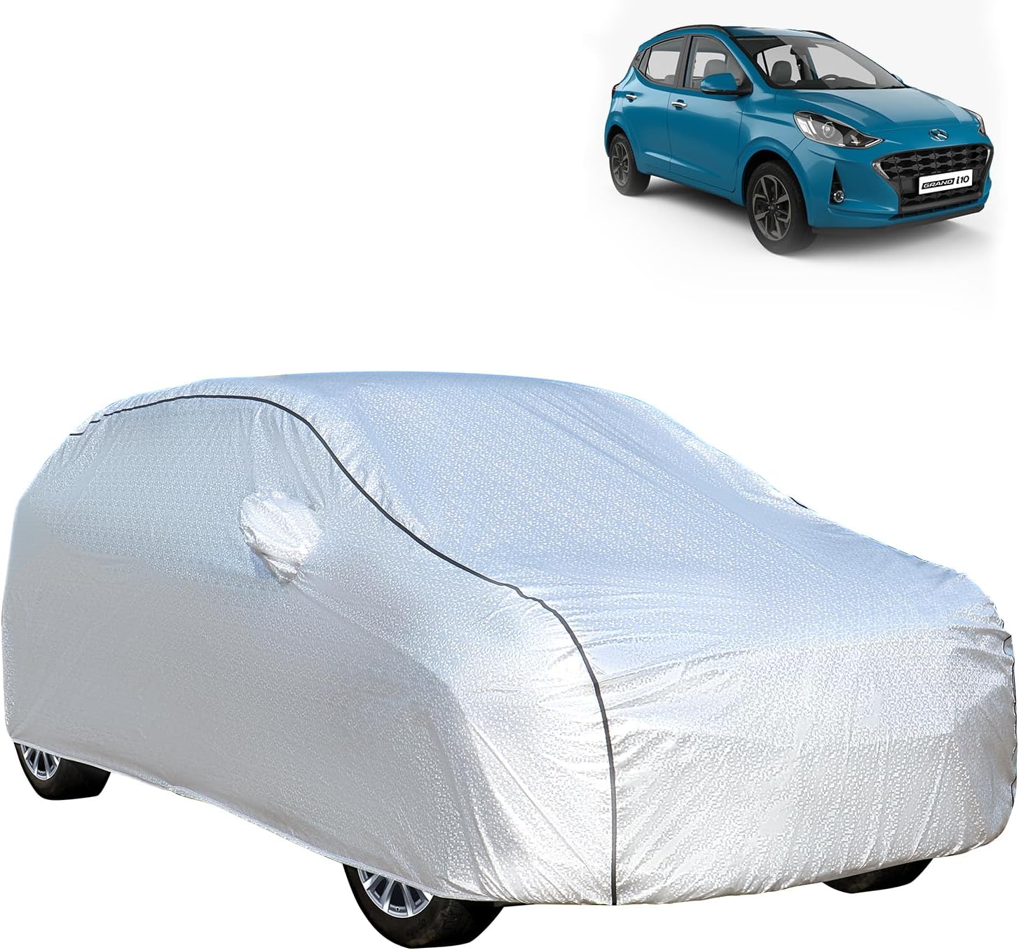 Allextreme Car Body Cover for Grand i10 Nios All Model & Years (2019-2025) 100% Waterproof with Mirror Pockets, Triple Stitched Bottom Elastic Dustproof Full Body Protection (UV Resistant, Silver)