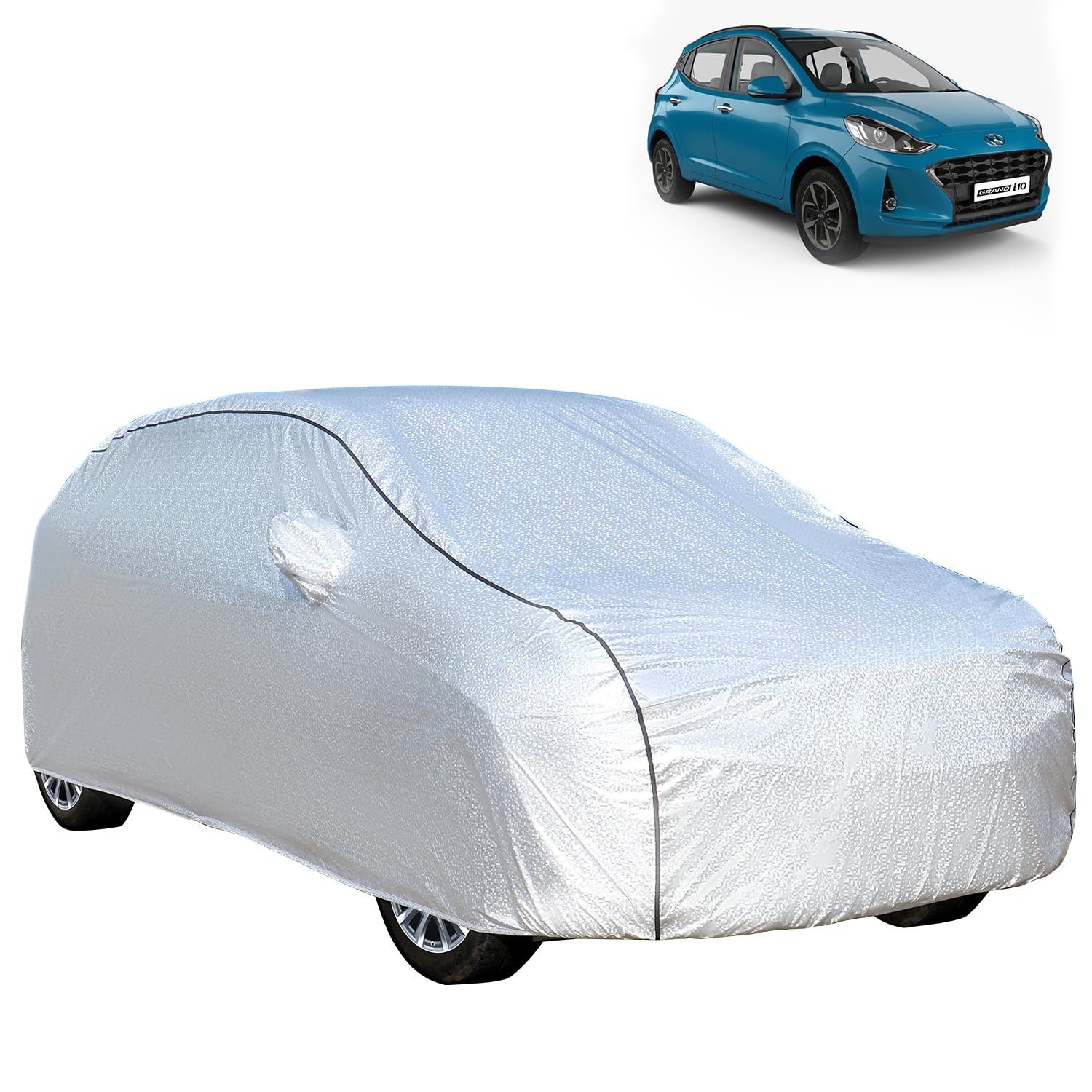 Allextreme Car Body Cover for Grand i10 Nios All Model & Years (2019-2025) 100% Waterproof with Mirror Pockets, Triple Stitched Bottom Elastic Dustproof Full Body Protection (UV Resistant, Silver)