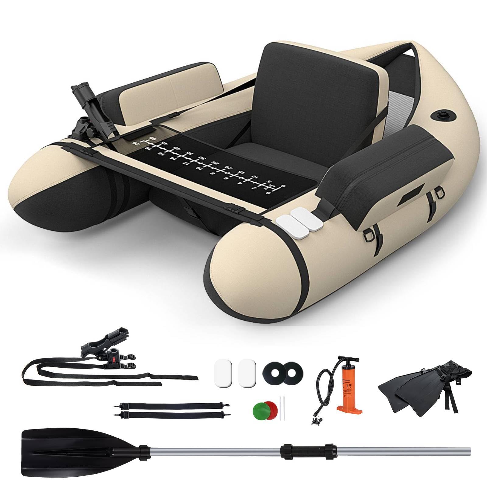 SPOTRAVEL Inflatable Fishing Float Tube, Fishing Boat with Pump, Adjustable Straps, Paddle, Rod Holder & Flippers, 150KG Load Capacity Fly Fishing Belly Boat (Beige, 135x110x54 cm)