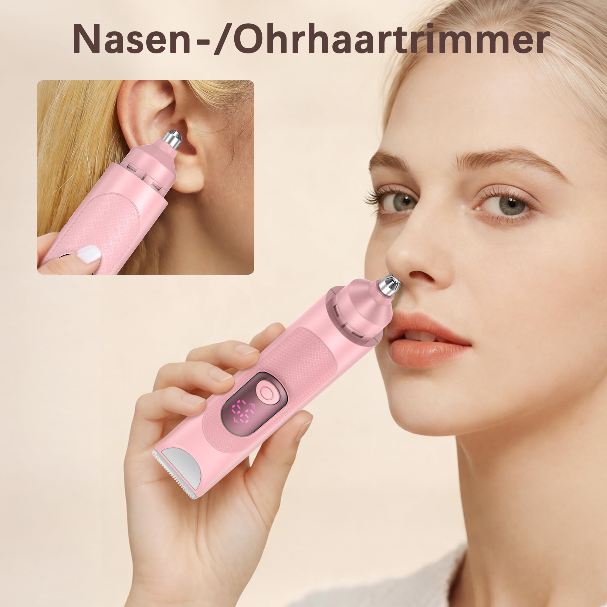 Elektrisch Rasierer Damen, 3-in-1- Elektrischer Trimmer Intimrasierer für Frauen, für Bikinizone Achseln Beine Gesicht mit LED-Anzeige, Wiederaufladbarer Damenrasierer Elektrisch Nass & Trocken, Rosa
