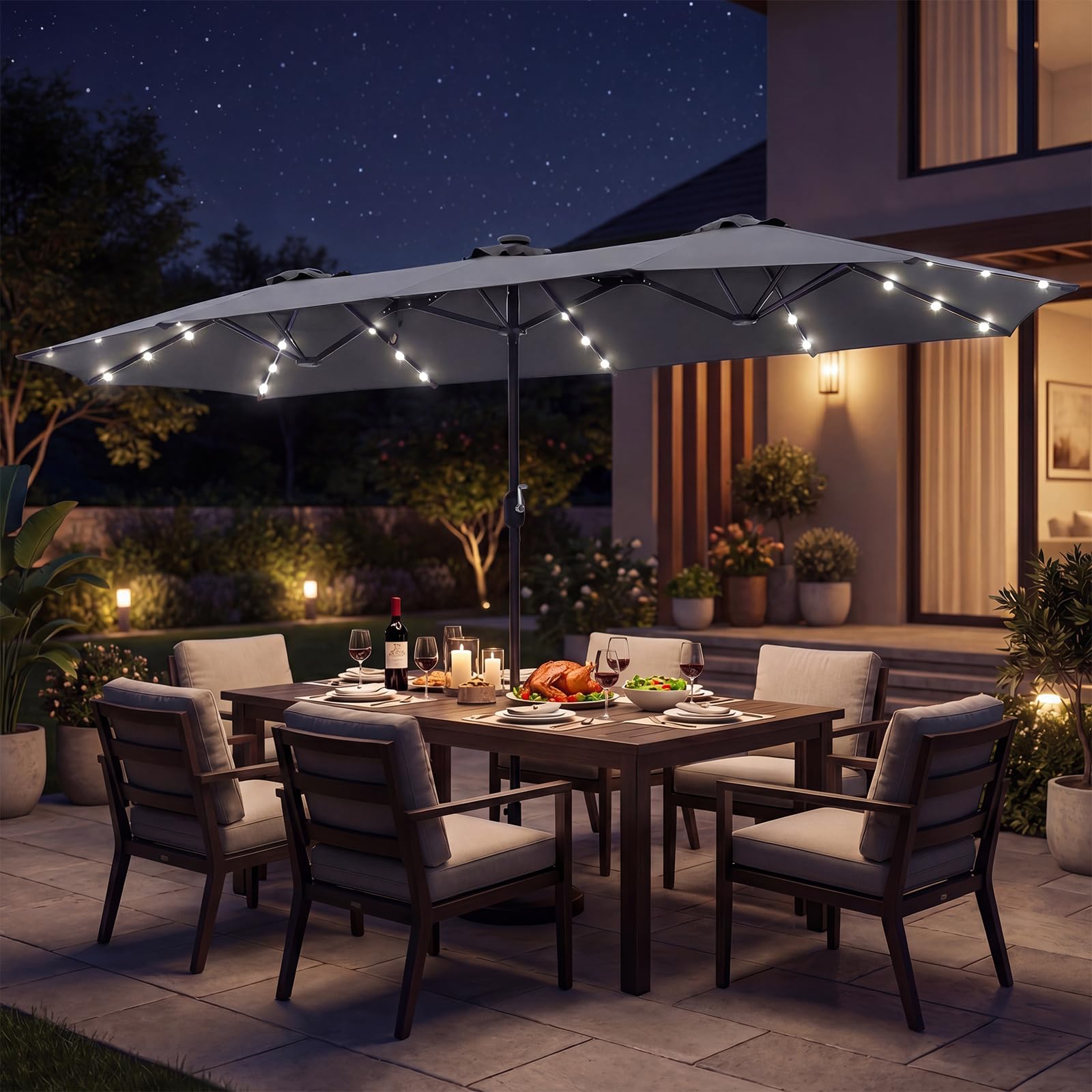 RELAX4LIFE Grand Parasol de Jardin Exterieur LED avec Pied, 4x2M Parasol Double Éclairé pour Terrasse/Piscine/Marché, 12 Baleines Renforcées, Manivelle, Protection Solaire pour 6-8 Personnes (Gris)