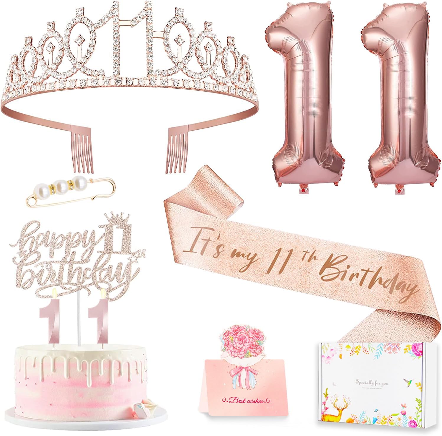 11th Birthday Decorations for Girls, 11th Birthday Sash and Crown, Cake Topper, Number Candles and Balloons, 11 Year Old Gifts for Girls