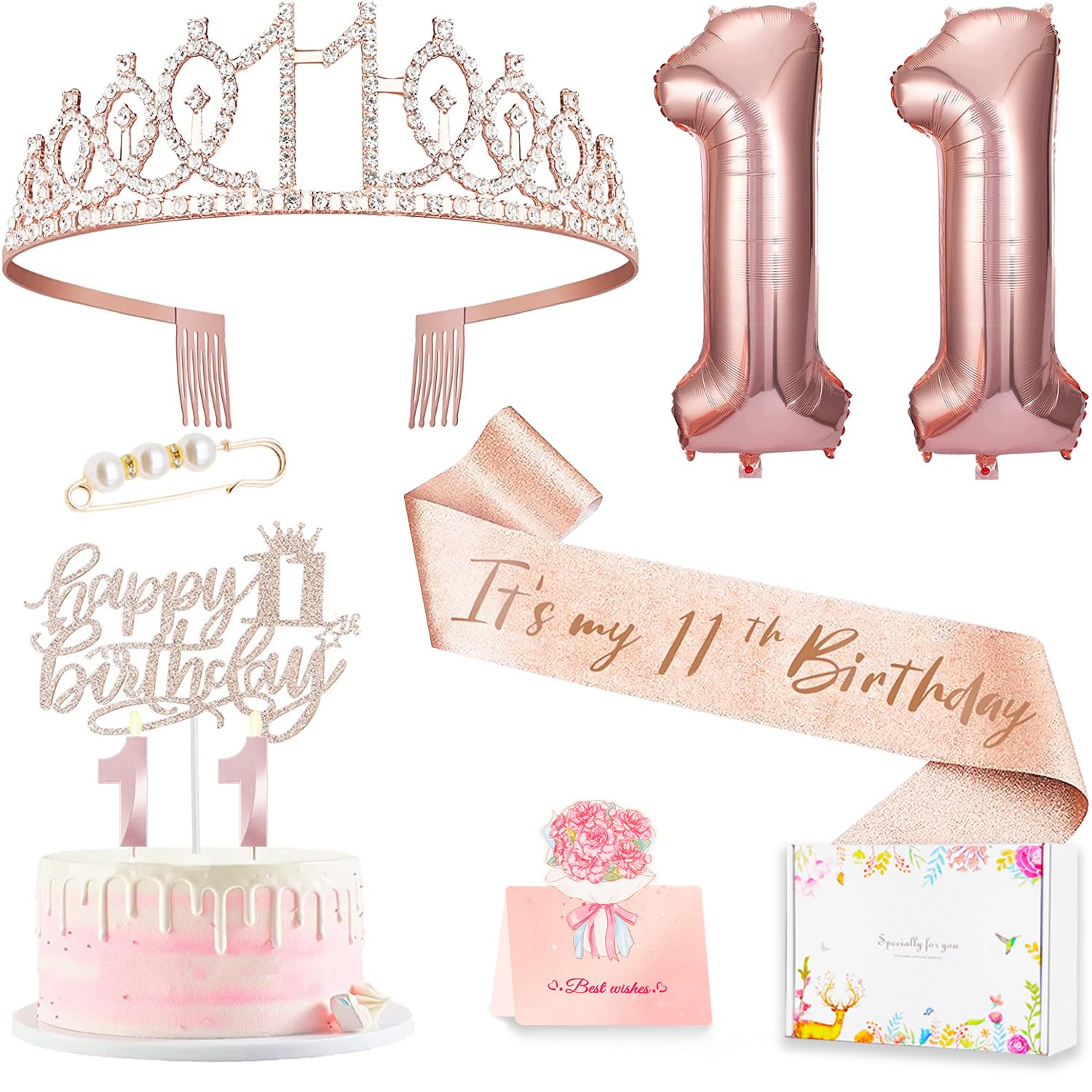 Photo 1 of 11th Birthday Decorations for Girls, Crown Sash Cake Topper Candle Set