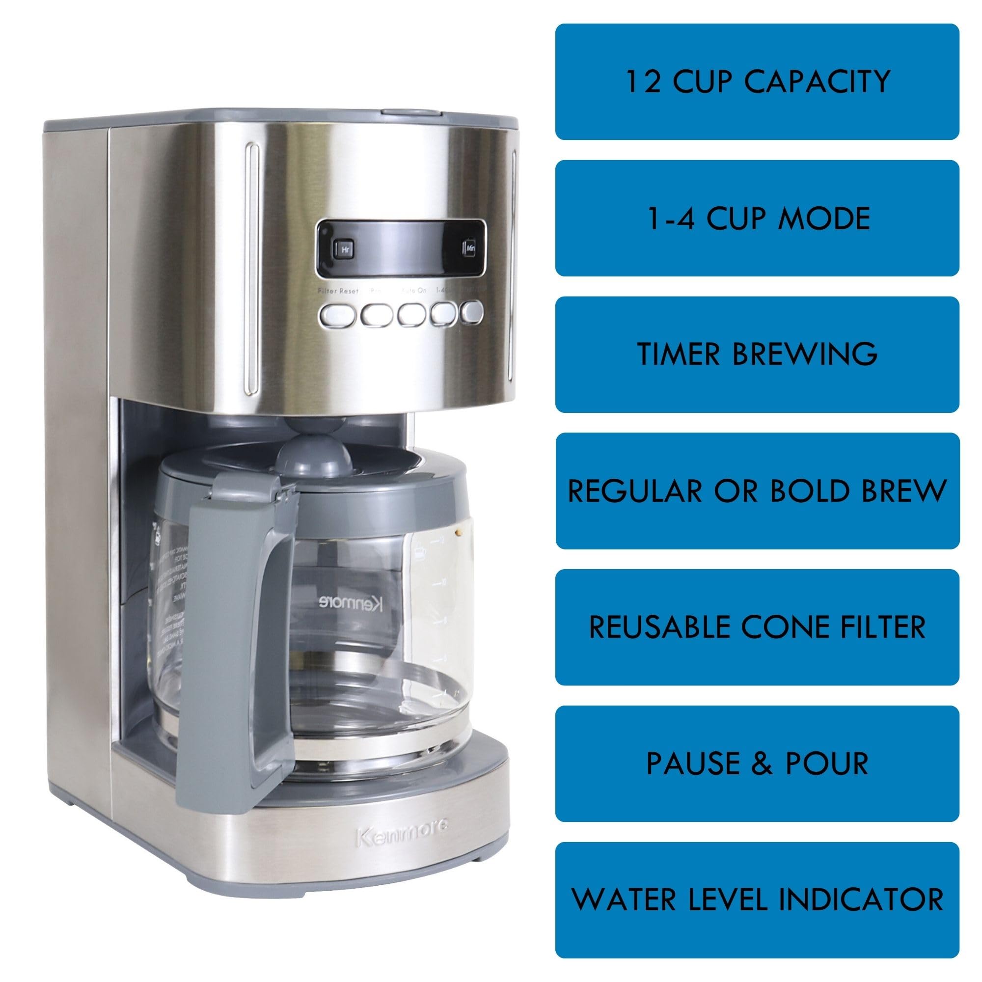 Koolatron Kenmore Elite Drip Coffee Maker - 12-Cup Programmable Coffee Machine With Glass Pot, Pause and Pour, Auto Shut-Off, Large Water Reservoir, Reusable Filter, Dishwasher Safe Carafe