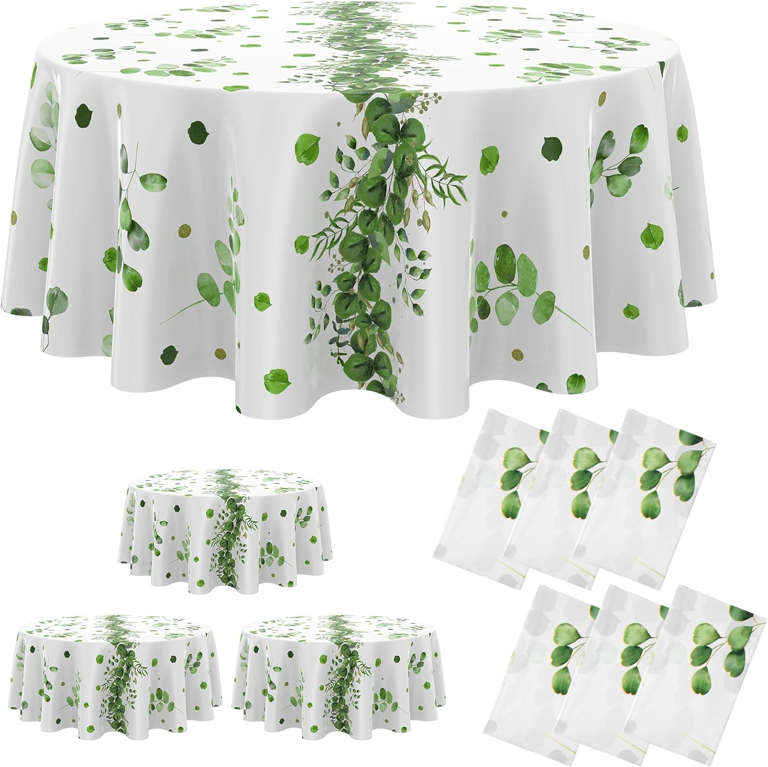 Oudain 12 Pcs Eucalyptus Leaf Tablecloth 84 Inch Luau Hawaii Green Disposable Plant Plastic Round Table Cover for Beach Birthday Party Decorations Supplies (Green)