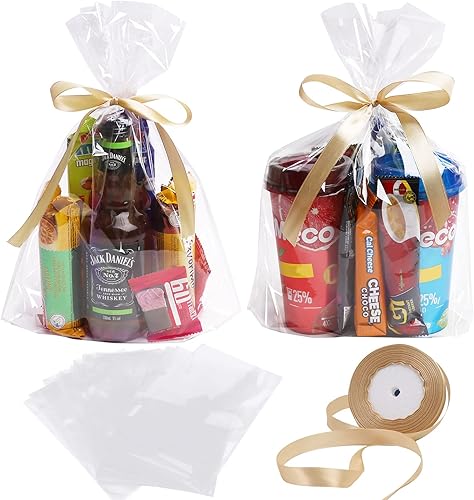 Miniatura 7 de 50 bolsas de celofán con refuerzo transparente de 6 x 9 pulgadas, bolsas de regalo de plástico con cinta de satén dorada para envolver regalos,