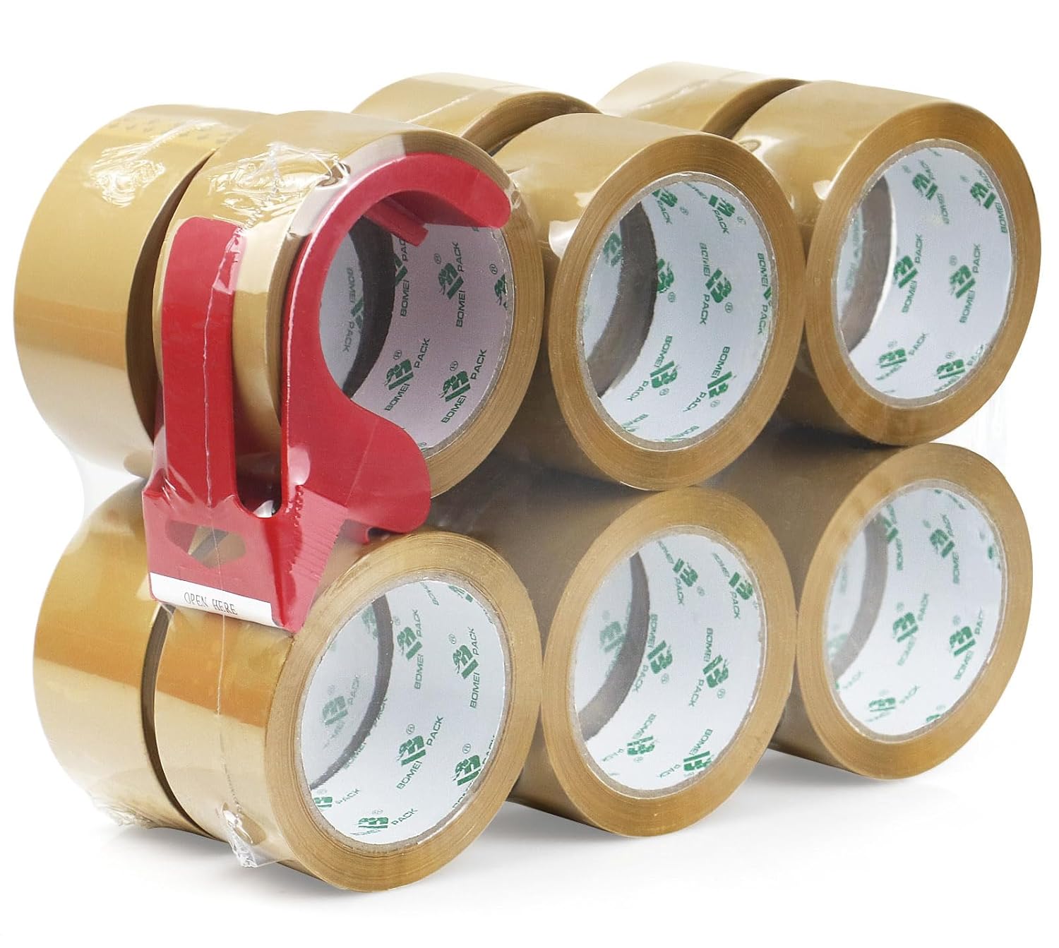 BOMEI PACK Tan Packing Tape Refills, Bulk Brown Packing Tape with Dispenser for Shipping, Moving and Packaging, 12Rolls 2.4 Mil 1.88 Inch x 60 Yards