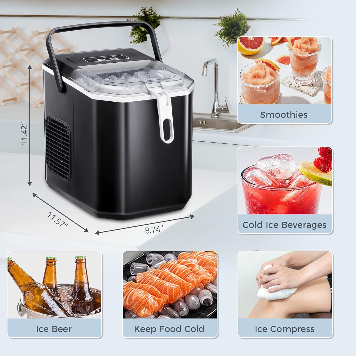Antarctic Star Countertop Ice Maker with S/L Bullet Ice, 28 LBS/24H, Pebble Portable Ice Machine with Ice Scoop and Handle, Self-Cleaning, One-Click Operation, for Kitchen, Office, Home Use, Black