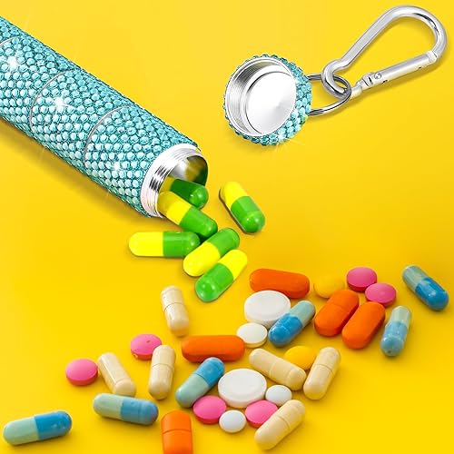 Miniatura 5 de Tioncy Pastillero portátil con diamantes de imitación para llavero, pequeño con purpurina, impermeable, con brillantina, de aluminio, reutilizable,