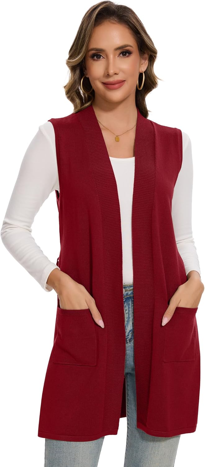 Moss Rose Long Vest for Women Sleeveless Cardigans Ribbed Knit Outwear with Belt and Pockets