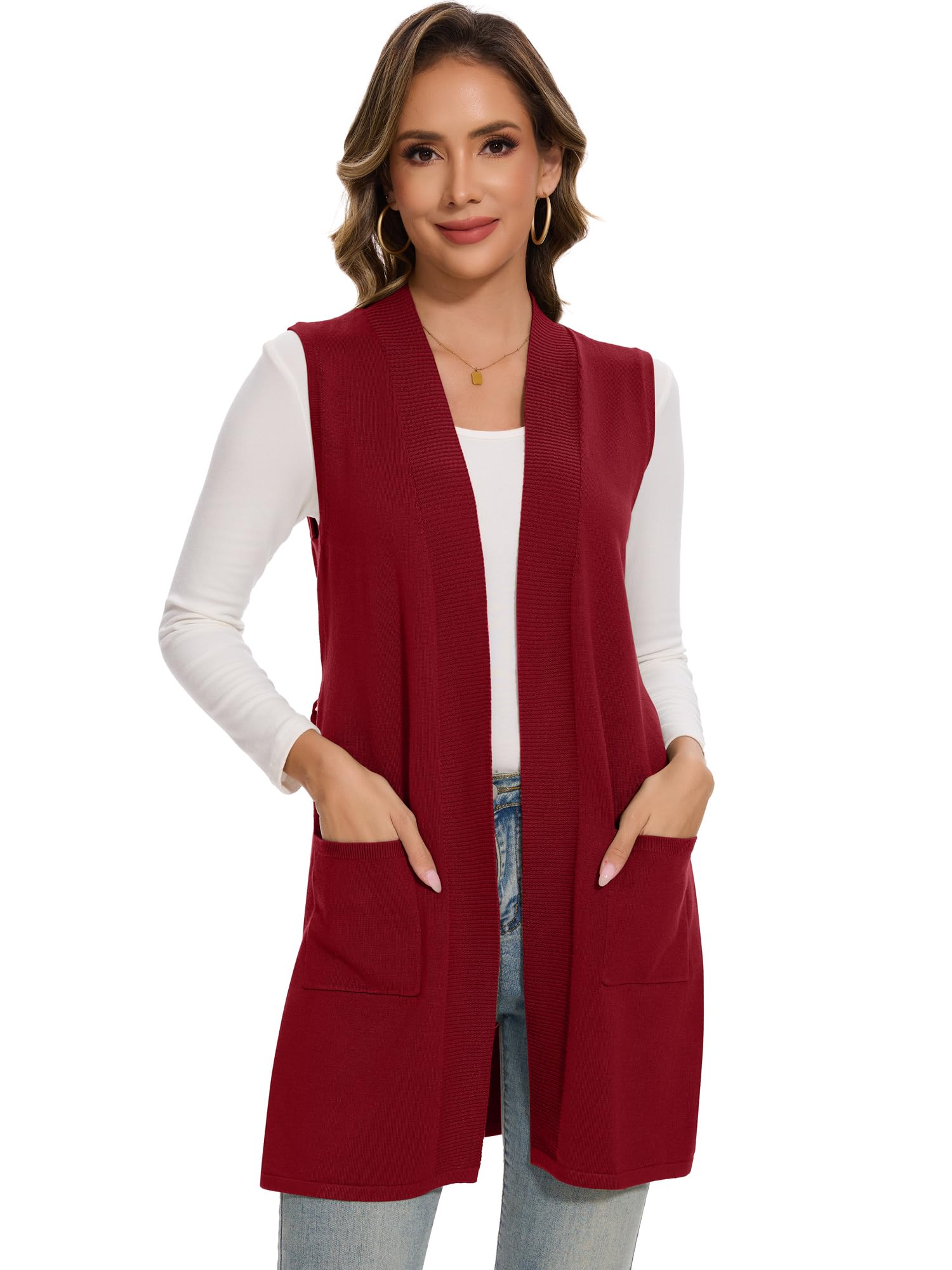 Moss Rose Long Vest for Women Sleeveless Cardigans Ribbed Knit Outwear with Belt and Pockets