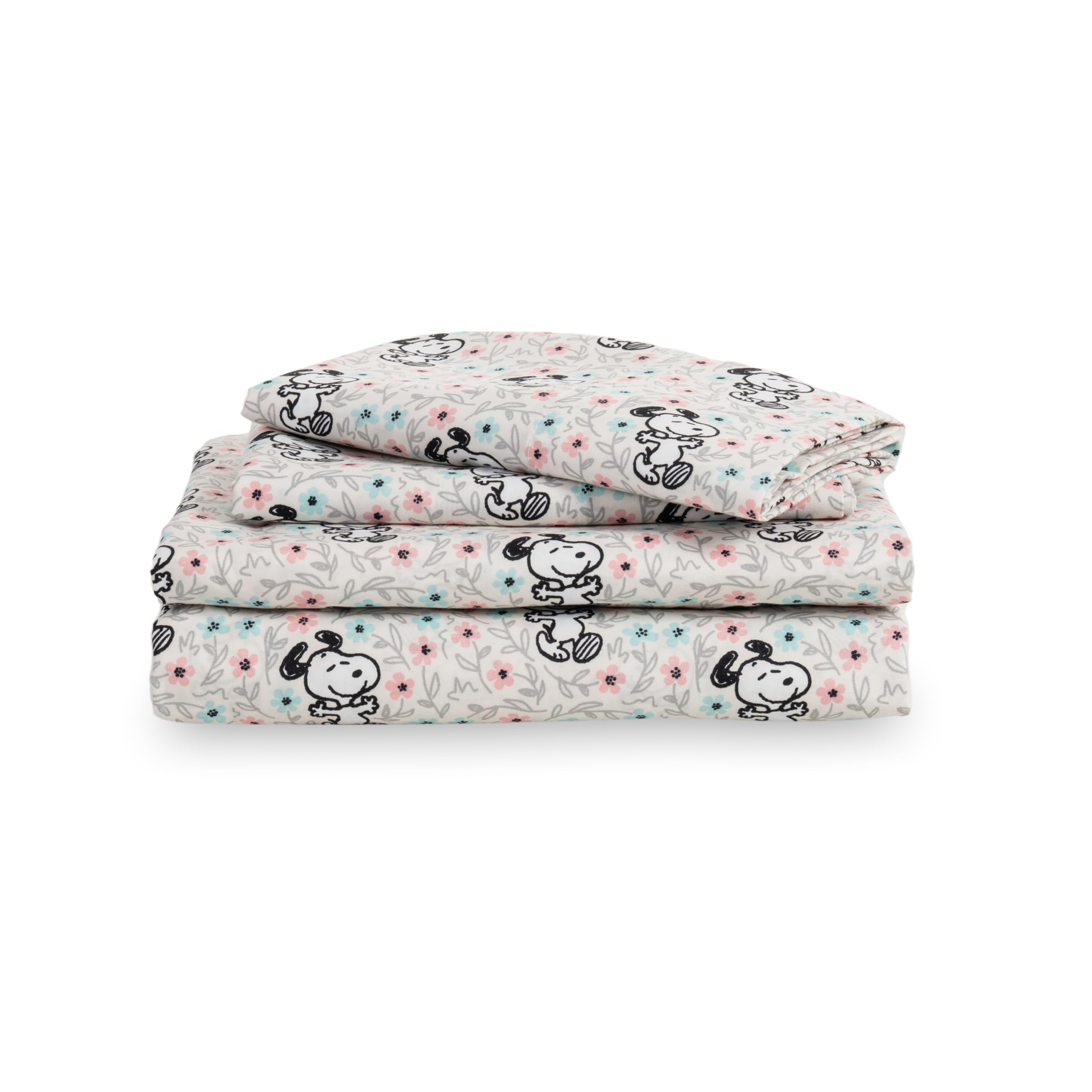 Peanuts® Kids Sheet Set King Size - 4 Pieces,Cute Character Snoopy Printed Soft Microfiber Bed Sheets,Mini Snoopy Spring Floral Happy Dance Soft Grey