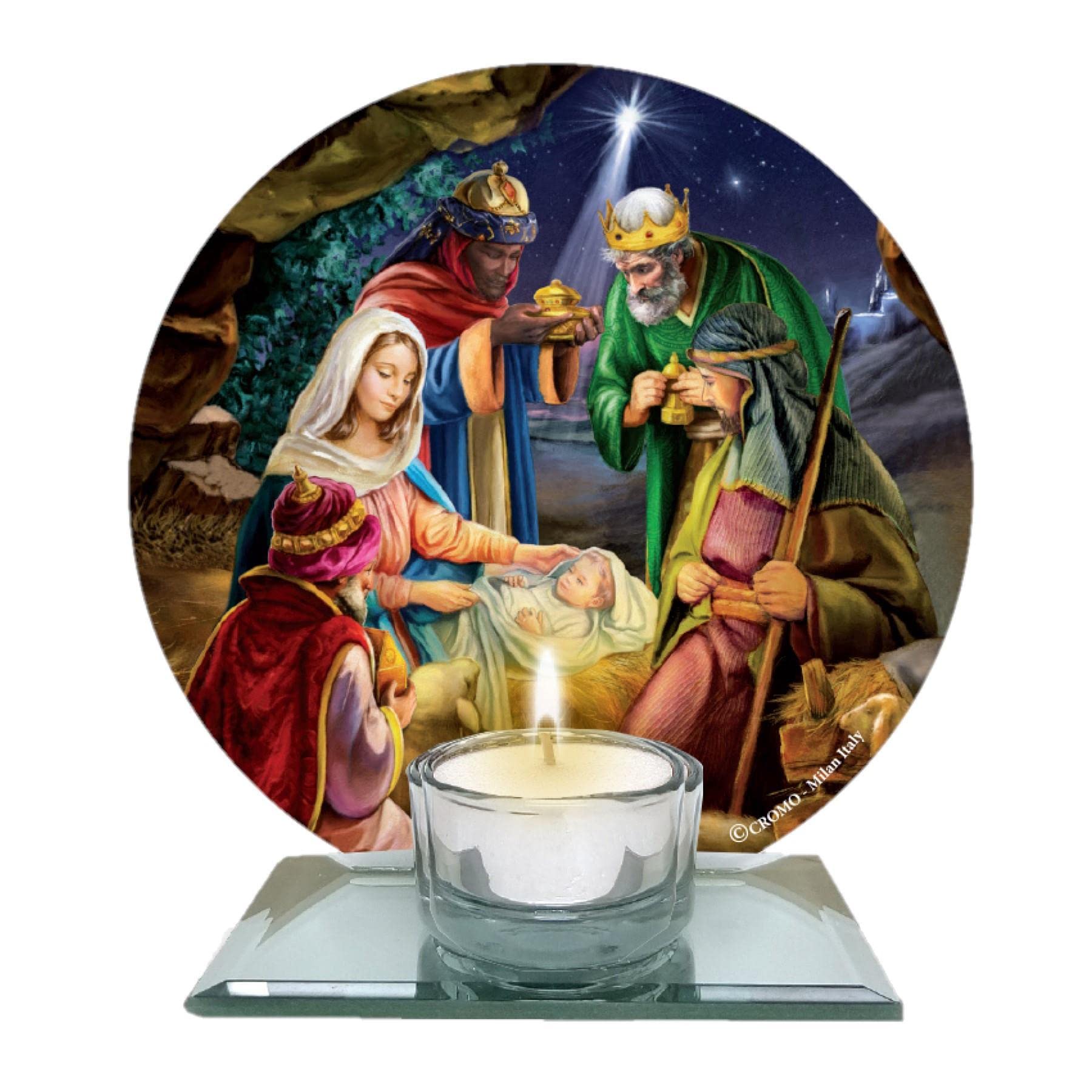 Widdle Gifts Multicolour Glass Nativity Christmas Tea Light Candle Holder - Design A 4316