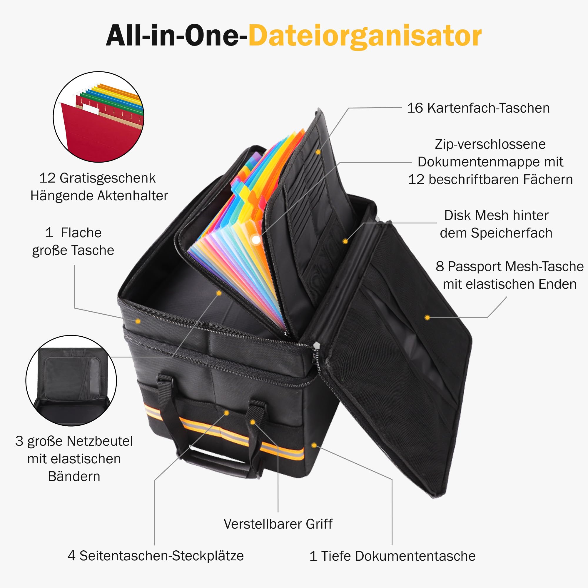 Jeza Feuerfeste und Wasserfeste Dokumentenbox mit Schloss, Faltbare Aufbewahrungsbox für Büro & Zuhause - Sichere Aufbewahrung für Dokumente & mehr - Inklusive 12 gratis Hängemappen