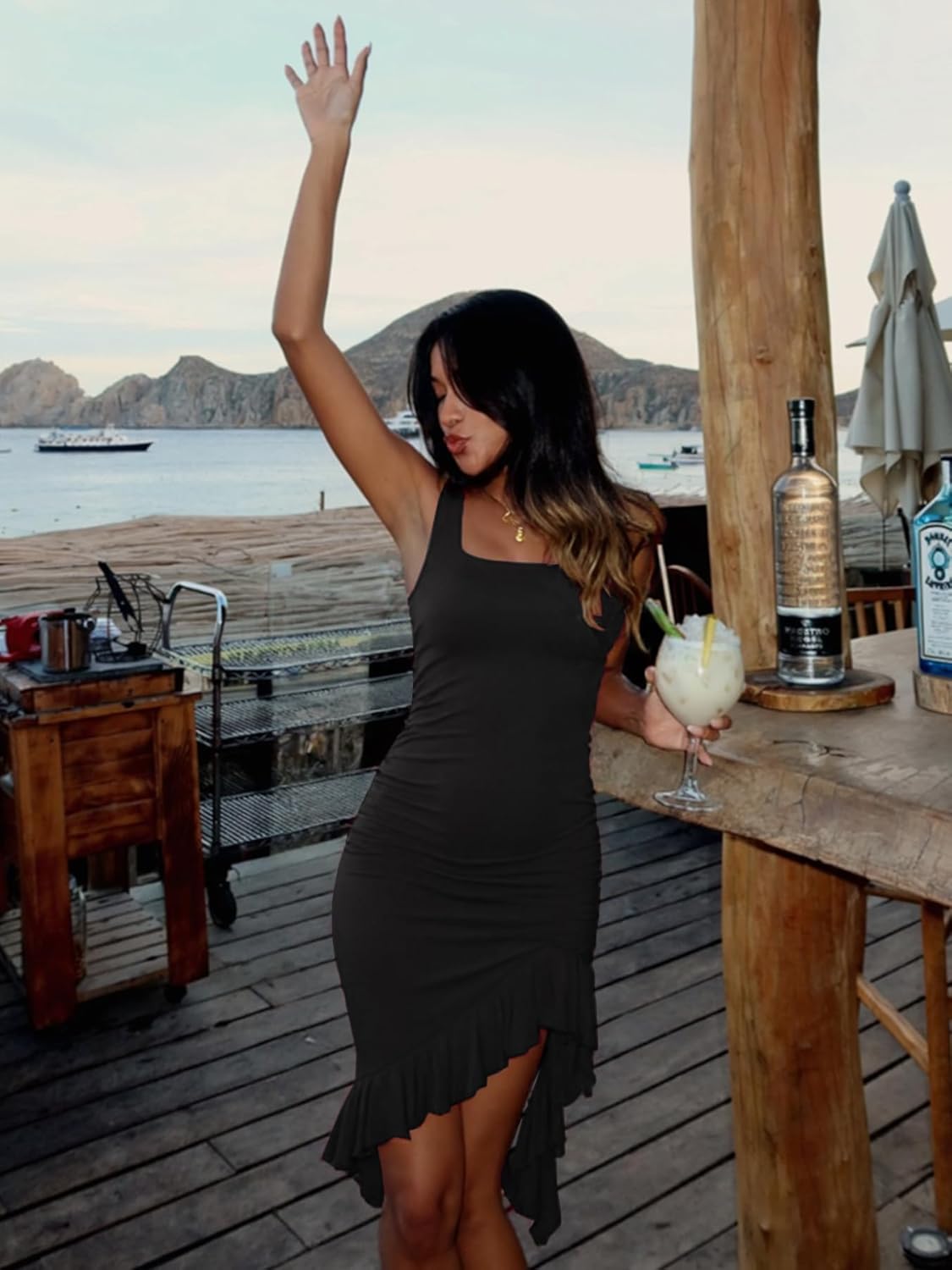 Size S Square Neck Bodycon Dress for Women Sexy Ruched Stretchy Cocktail Party Midi Dresses