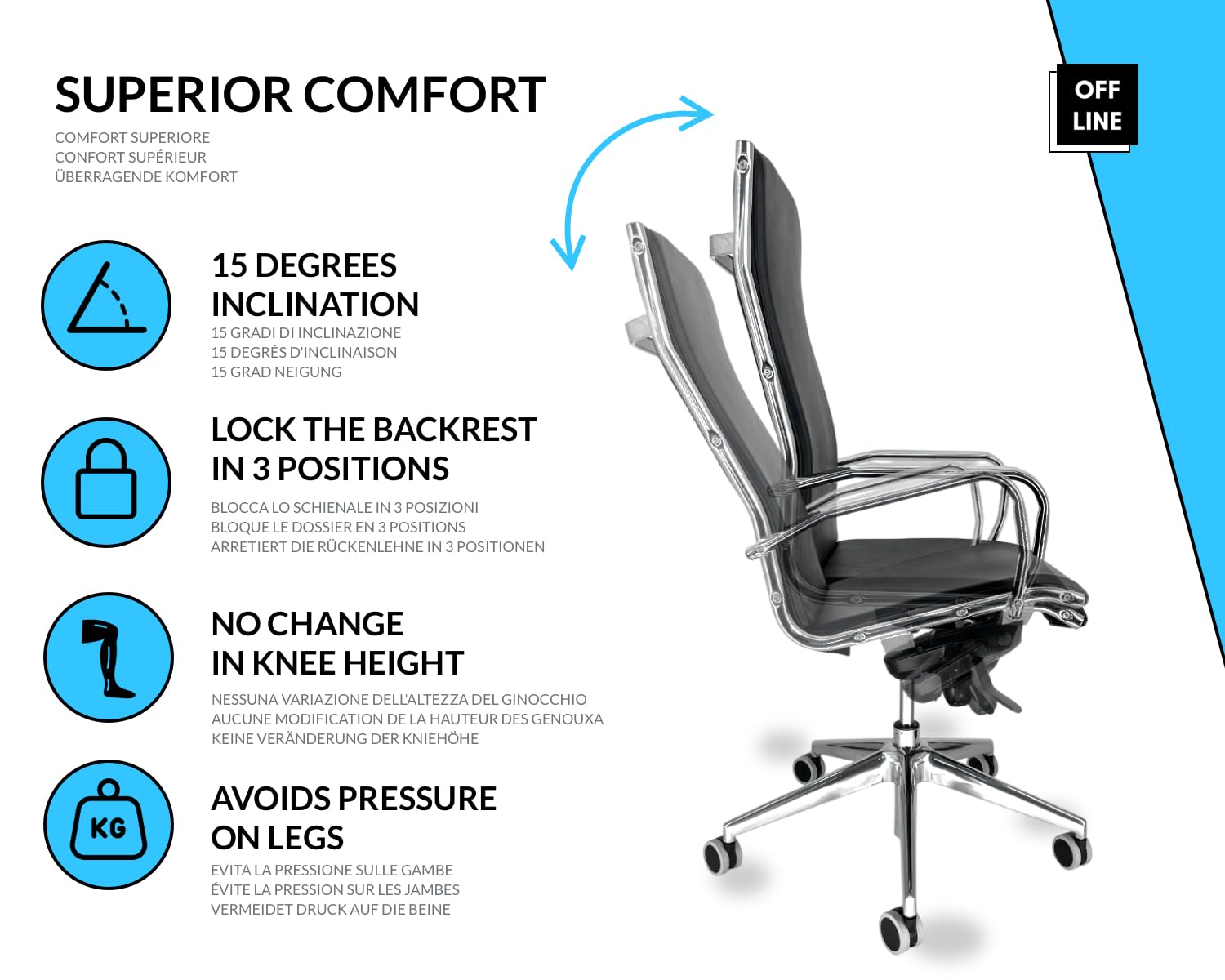OFF LINE Sedia Ergonomica per Ufficio e per Smart Working, Ruote Silenziose, Per Uso al PC, in Finta Pelle Nera e Telaio con Braccioli in Acciaio Cromato, Schienale Alto (70x70x120 cm)