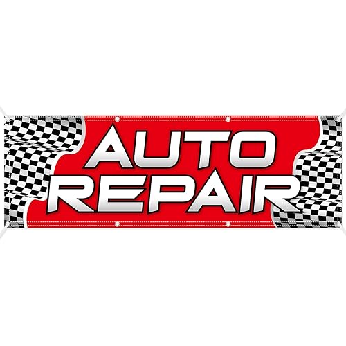 Preboun 2 x 6 ft Auto Repair Banner Store Sign with Polyester Fabric Reusable Weatherproof Car Sign Banner for Businesses Mechanics Automotive Car Repair Shops (Auto)
