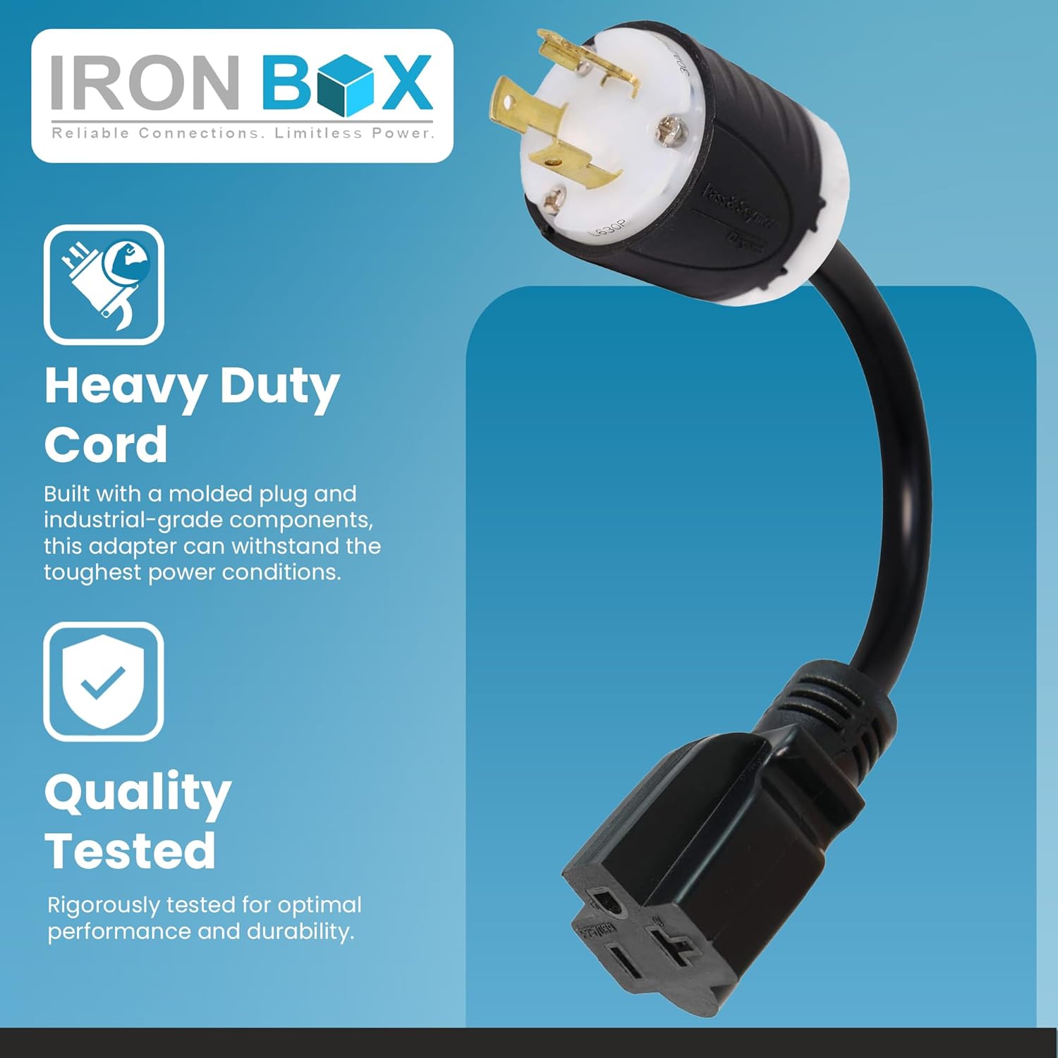 IronBox Electric NEMA L5-30P to 5-20R Plug Adapter Power Cord - 20A, 125V, 12/3 SJT - UL Listed Power Adapter Cable - Heavy Duty Extension Cord for Generator, Data Centers and More (1ft, Custom Built)