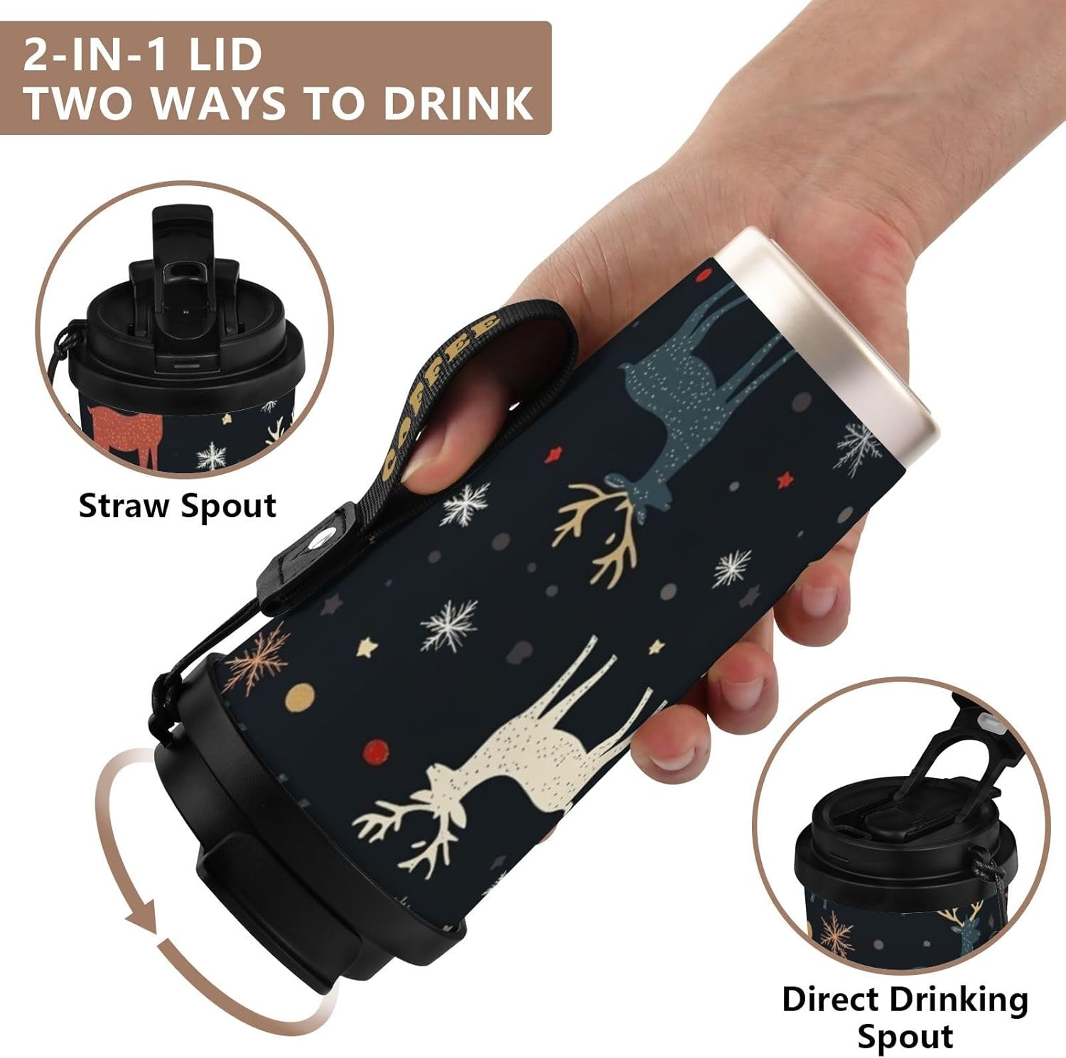 17 oz Insulated Coffee Mug Reindeer Snowflake with Straw and Leak Proof Lid Double Wall Water Bottle Stainless Steel Vacuum Thermal Travel Drinking Cup for Hot/Cold Drink